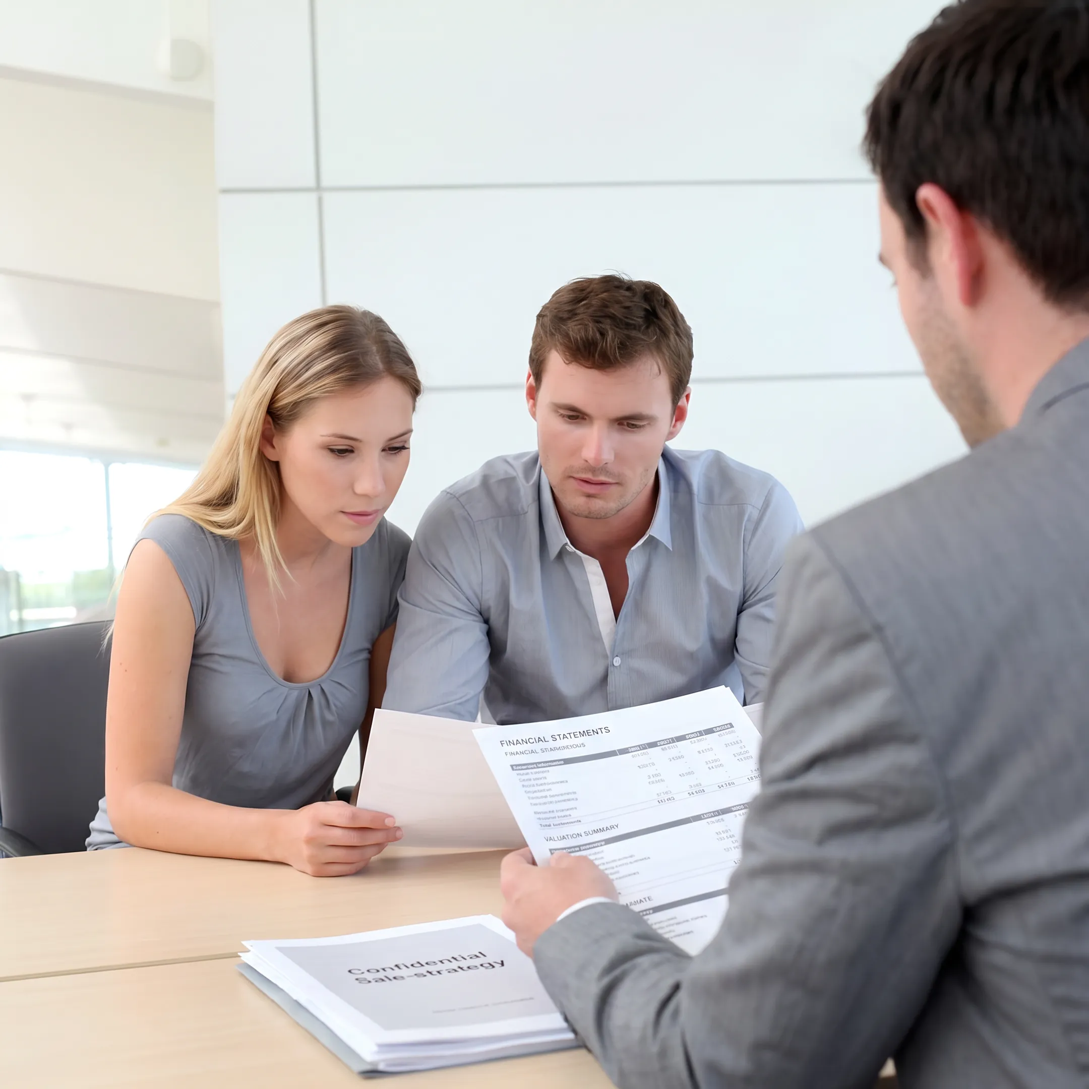 Business broker reviewing confidential sale documents with a business owner