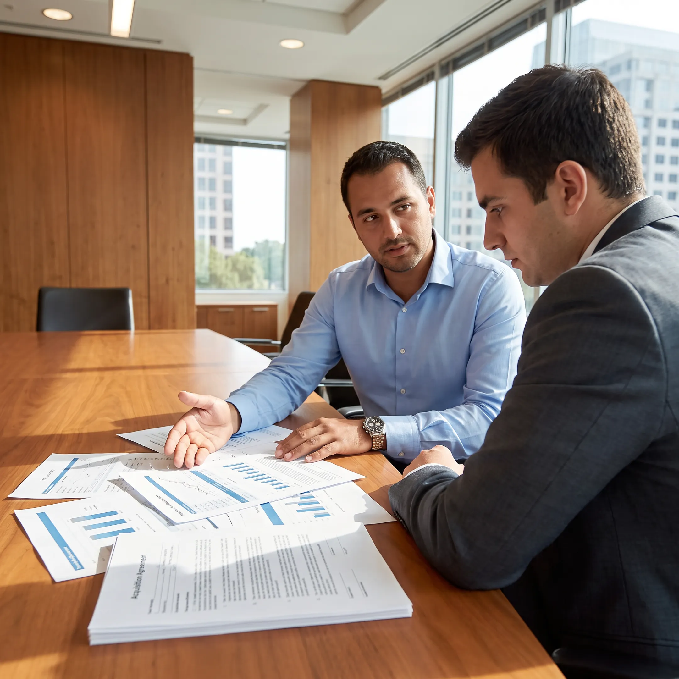 Business broker reviewing acquisition documents with business owner