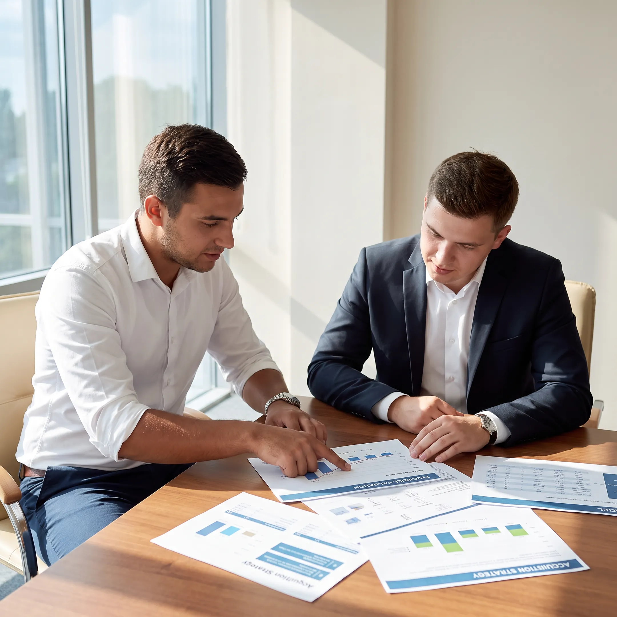 Business broker consulting with an owner over financial documents