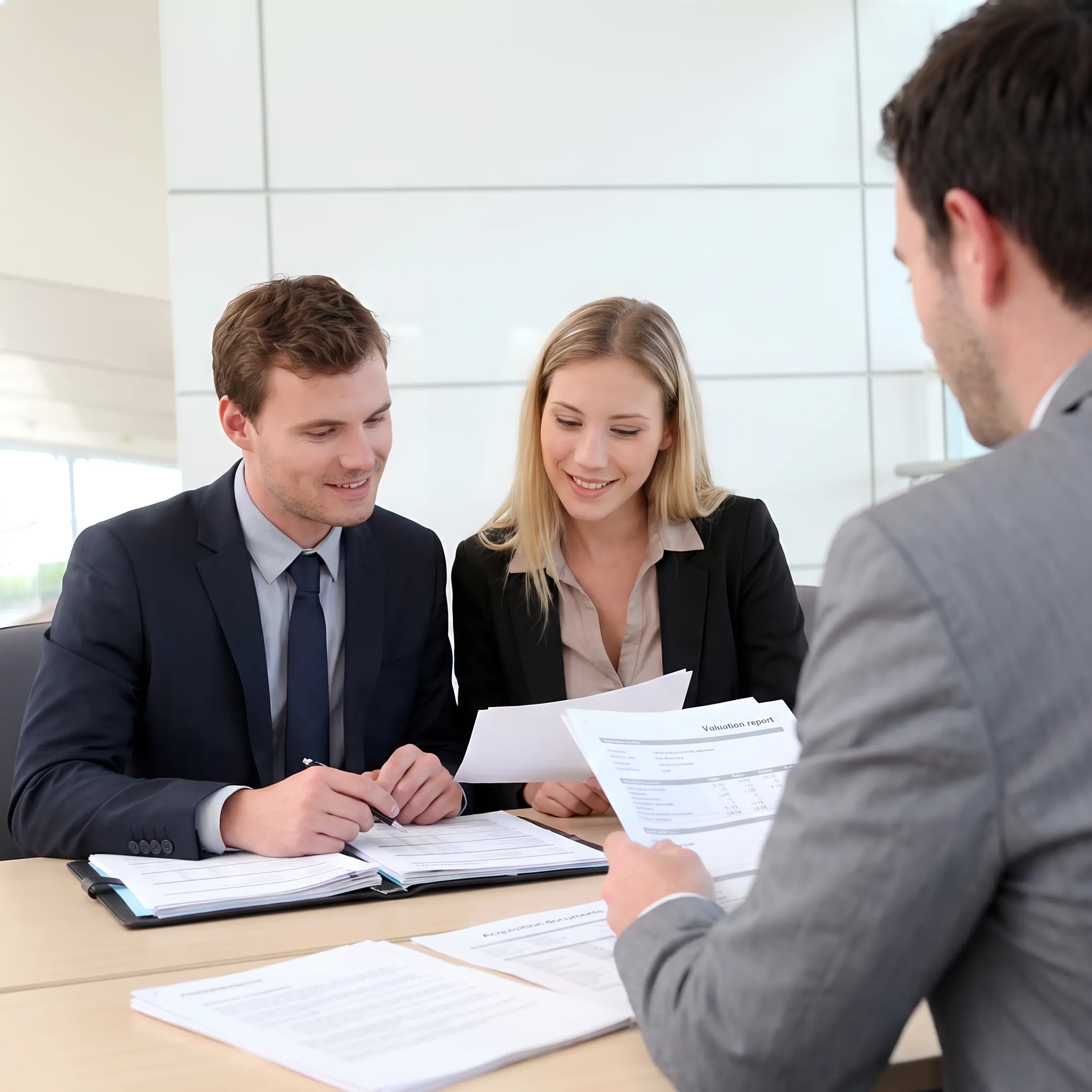 Business advisors reviewing valuation and acquisition documents