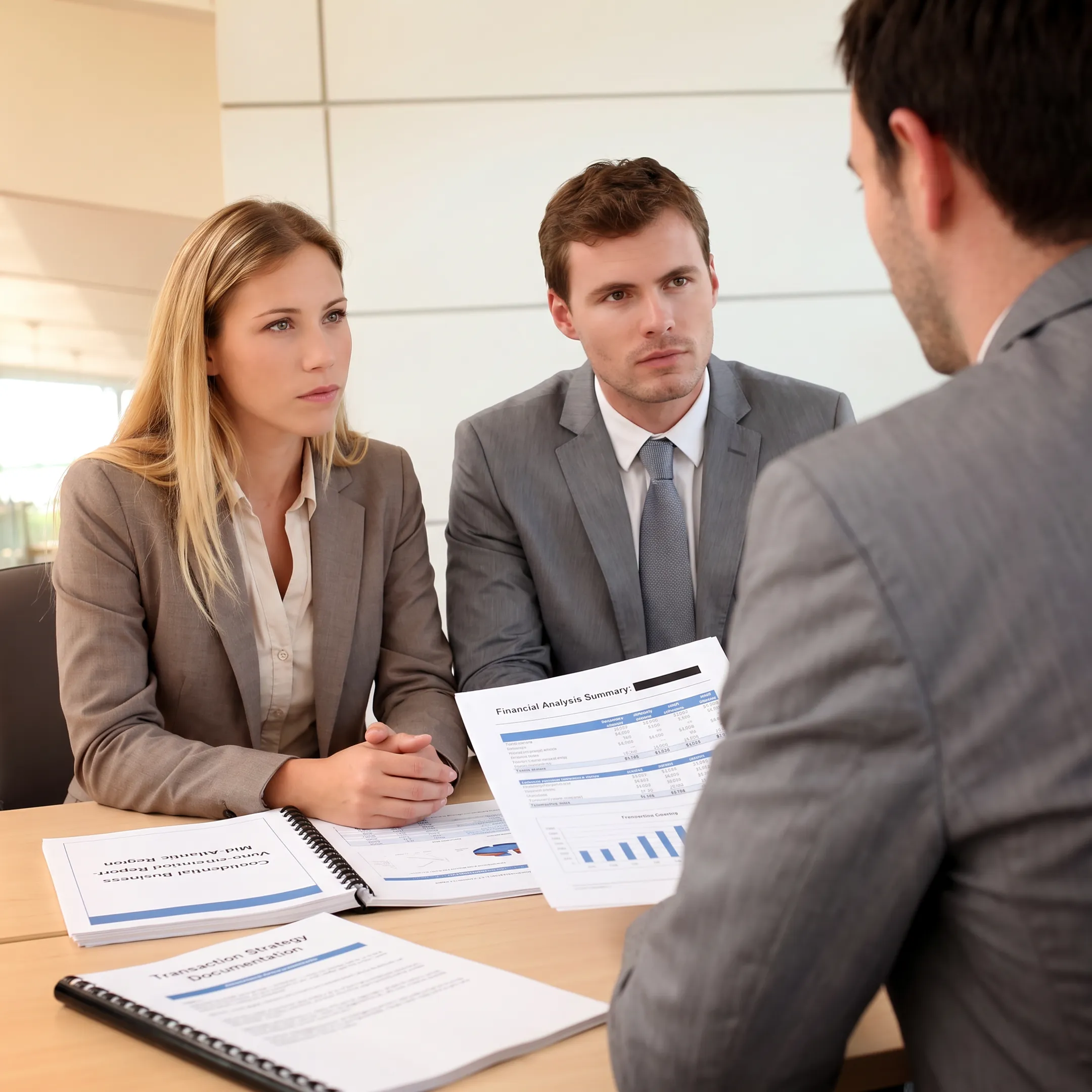 Business advisor presenting a valuation report and sale strategy to a business owner