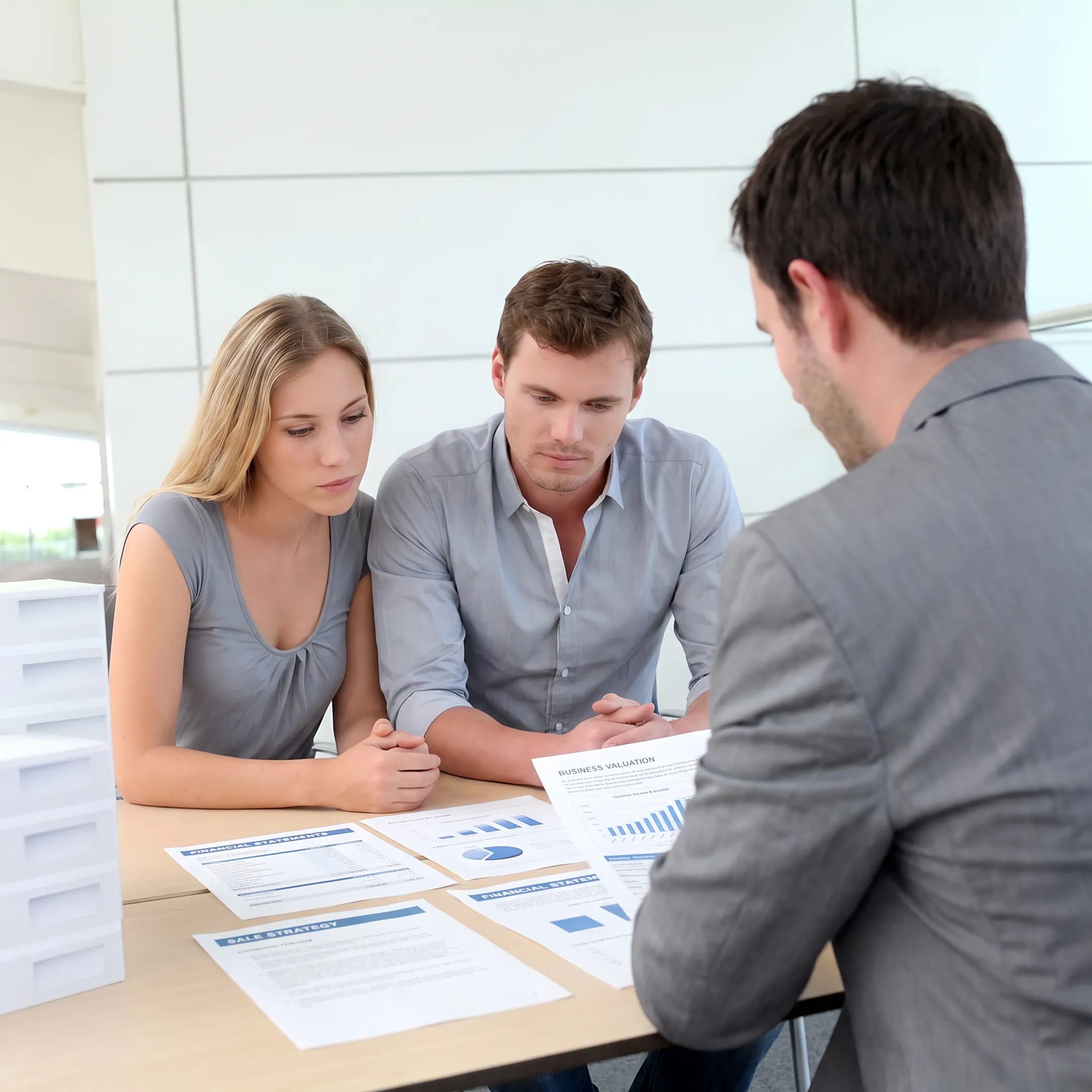 Business broker reviewing financial documents with a business owner during a confidential sale consultation
