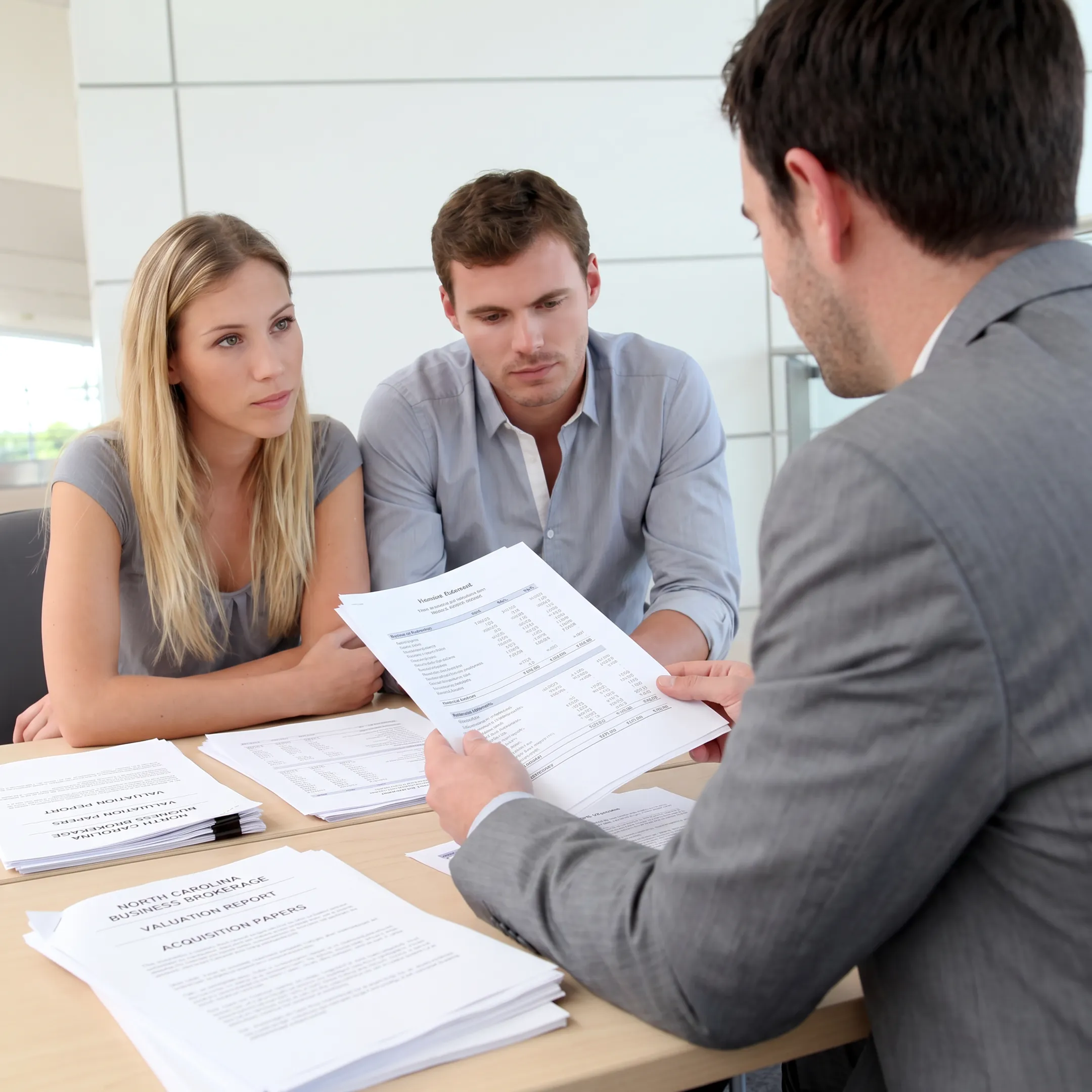 Business broker reviewing acquisition documents with a business owner in a professional office