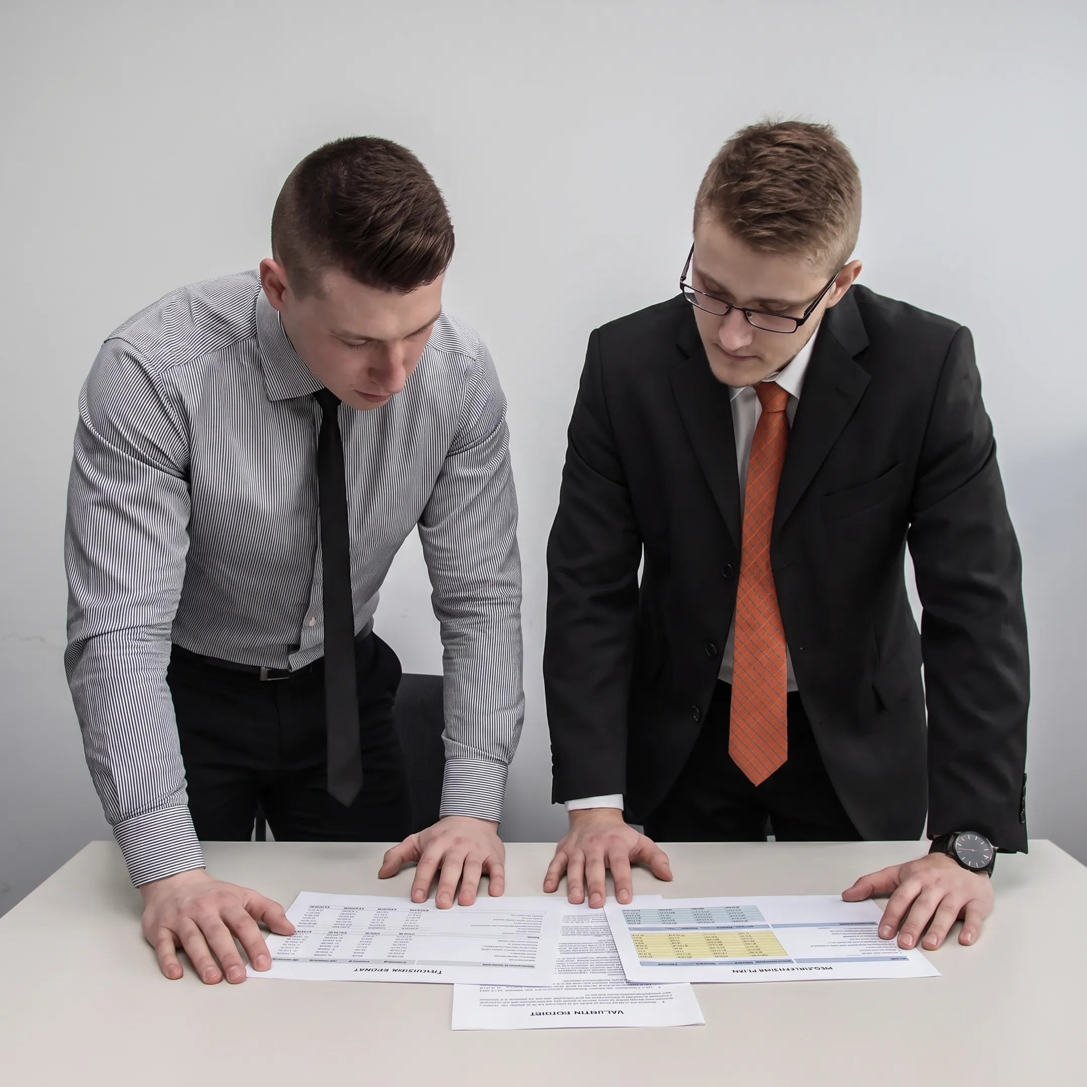 Business broker reviewing health care company financial documents with an owner