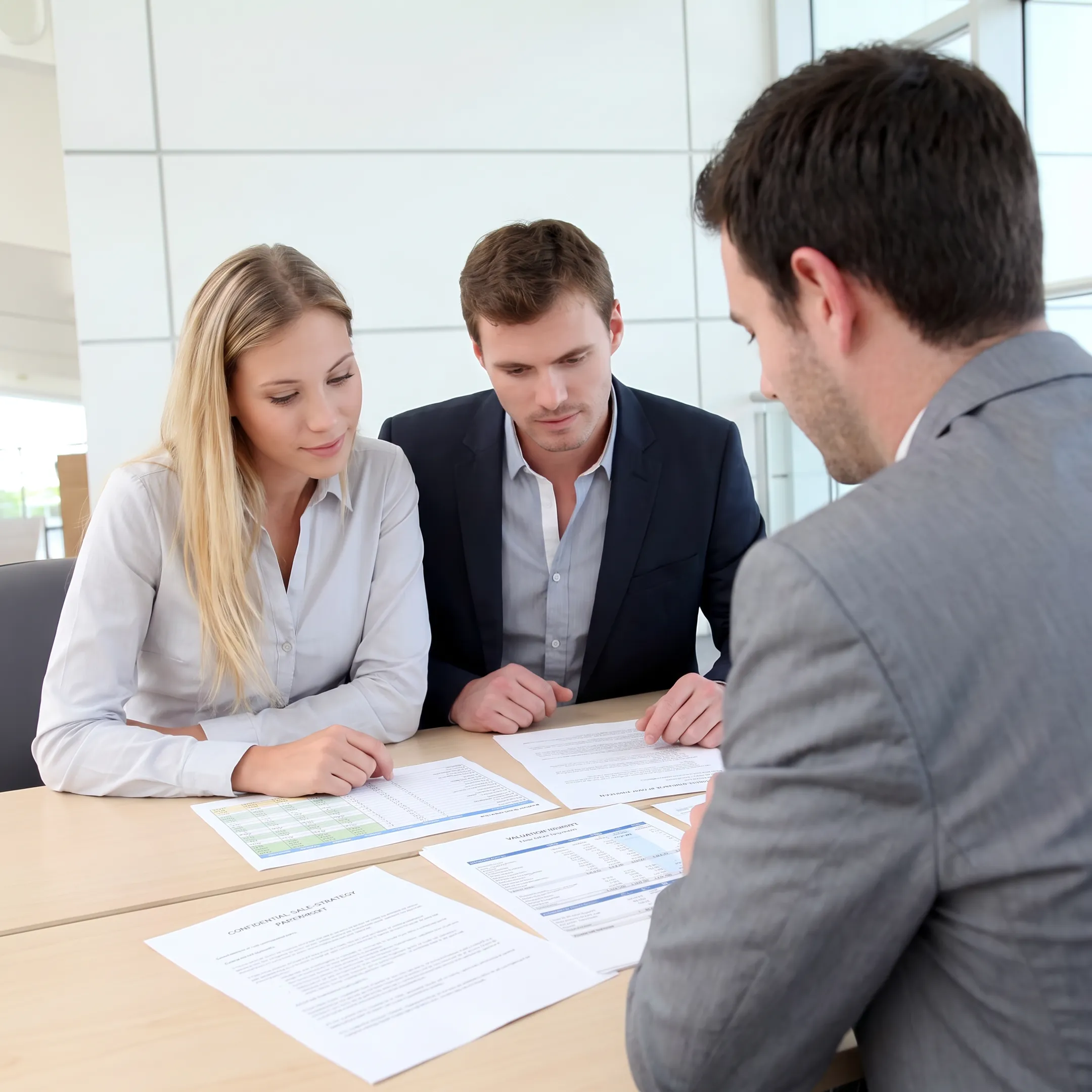 Business advisor reviewing accounting practice sale documents with an owner