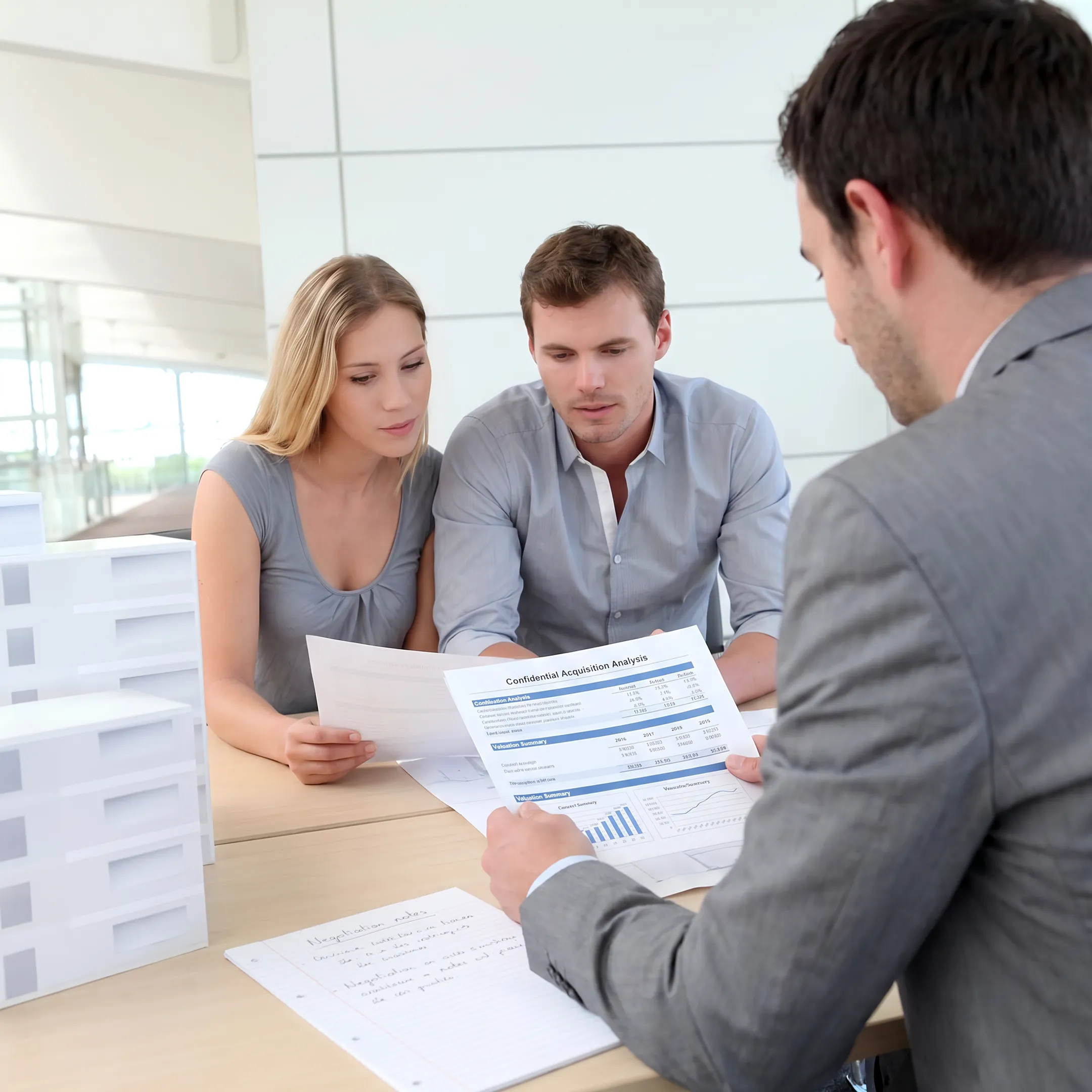 Business broker presenting acquisition analysis to clients