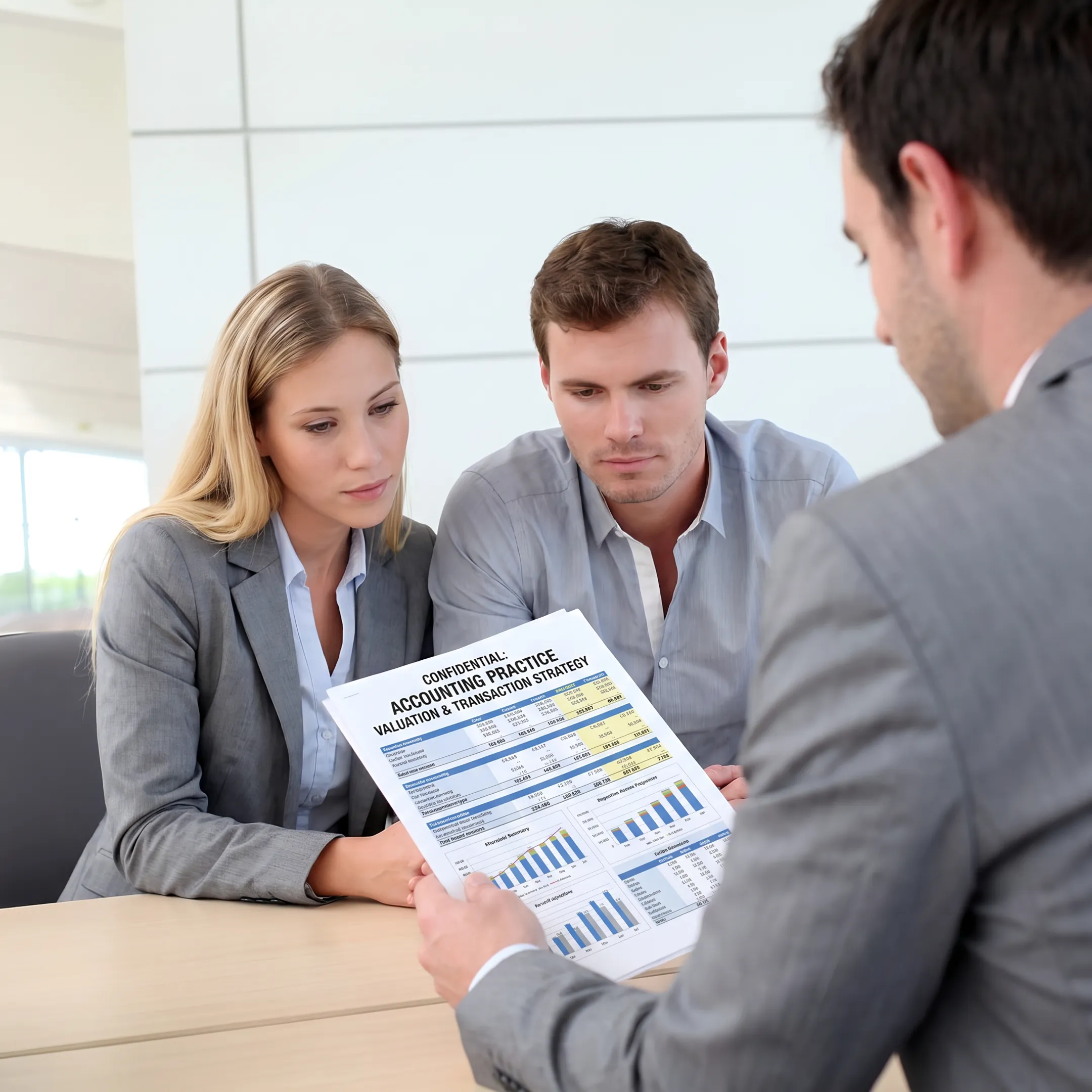 Advisor presenting accounting practice valuation findings to an owner