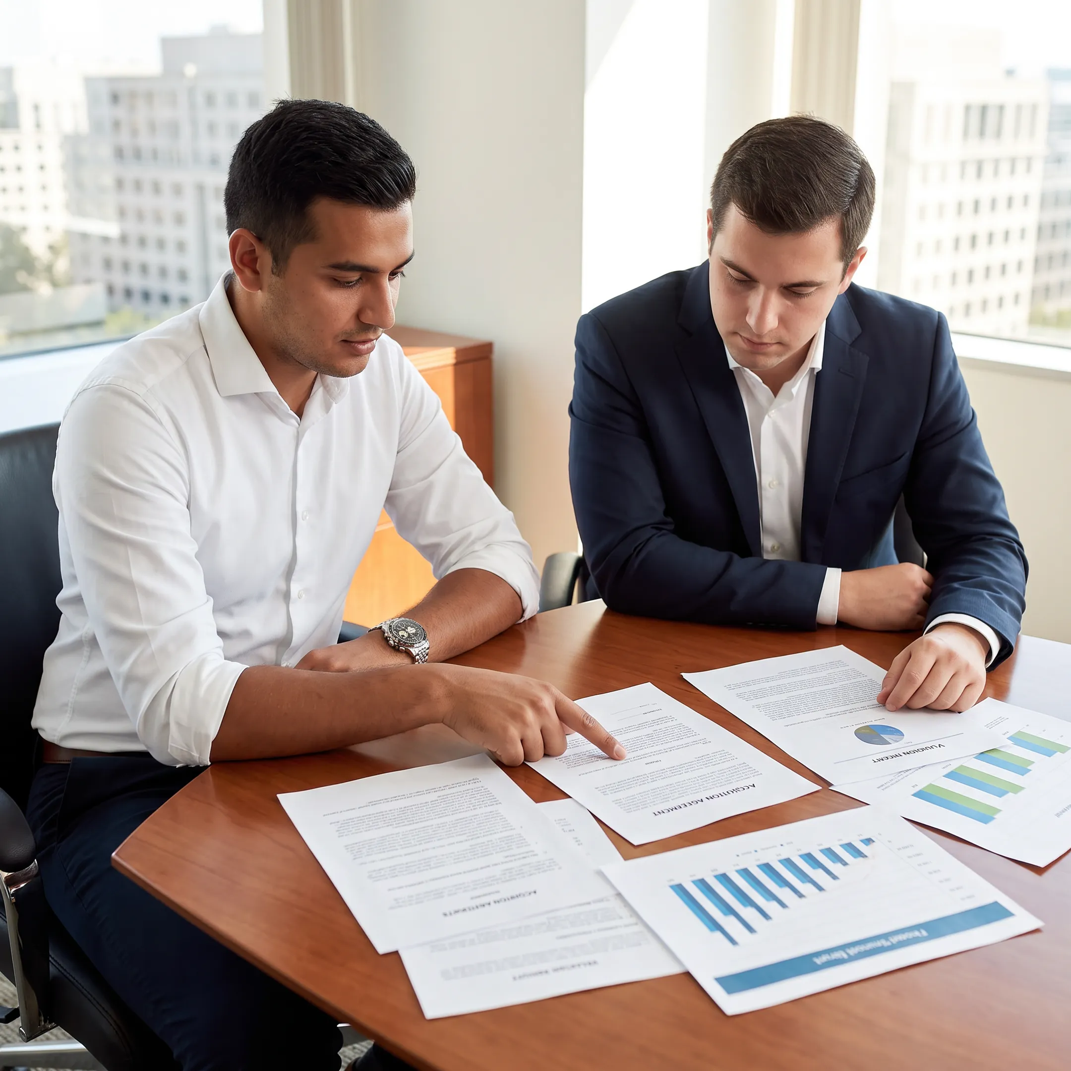 Business broker reviewing acquisition documents with client in a Washington, DC office