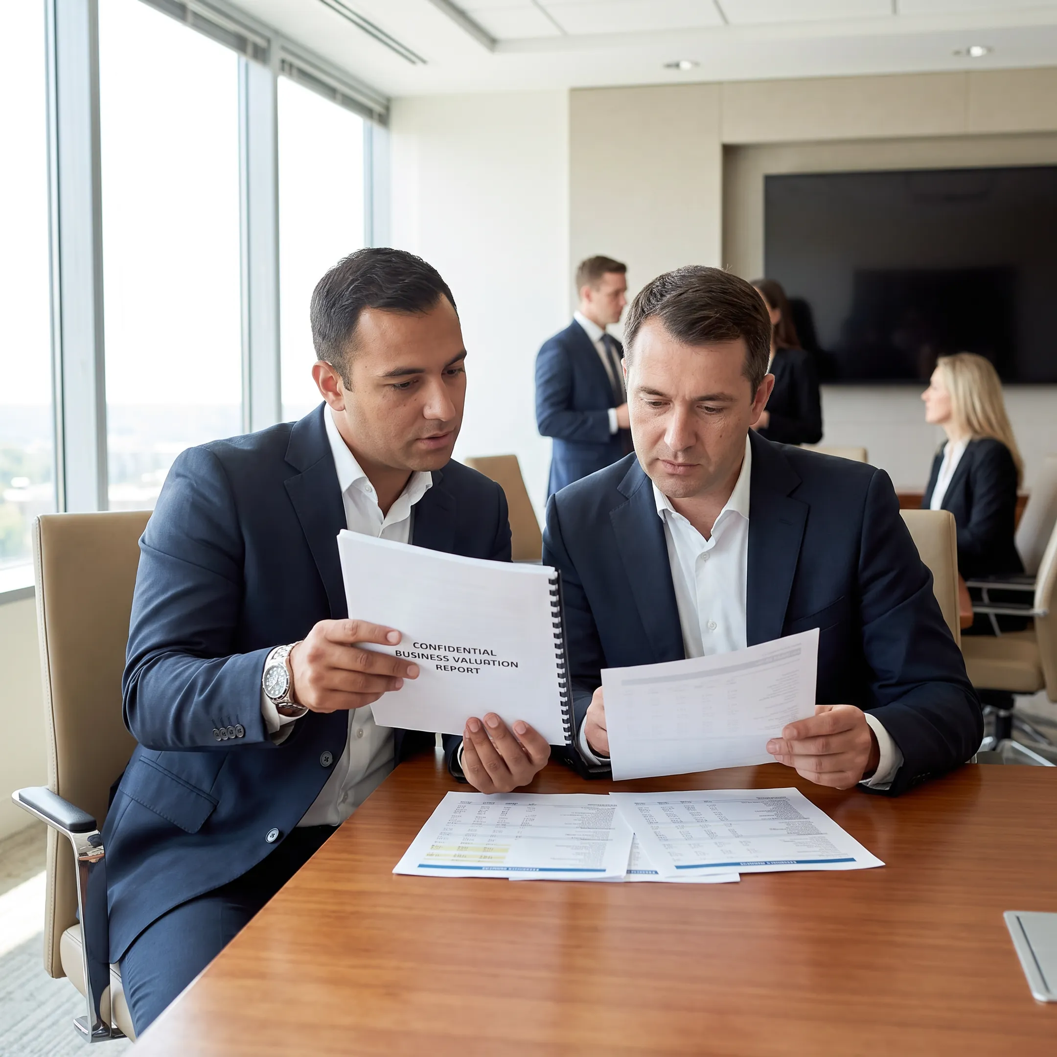 Business broker presenting valuation analysis to business owner