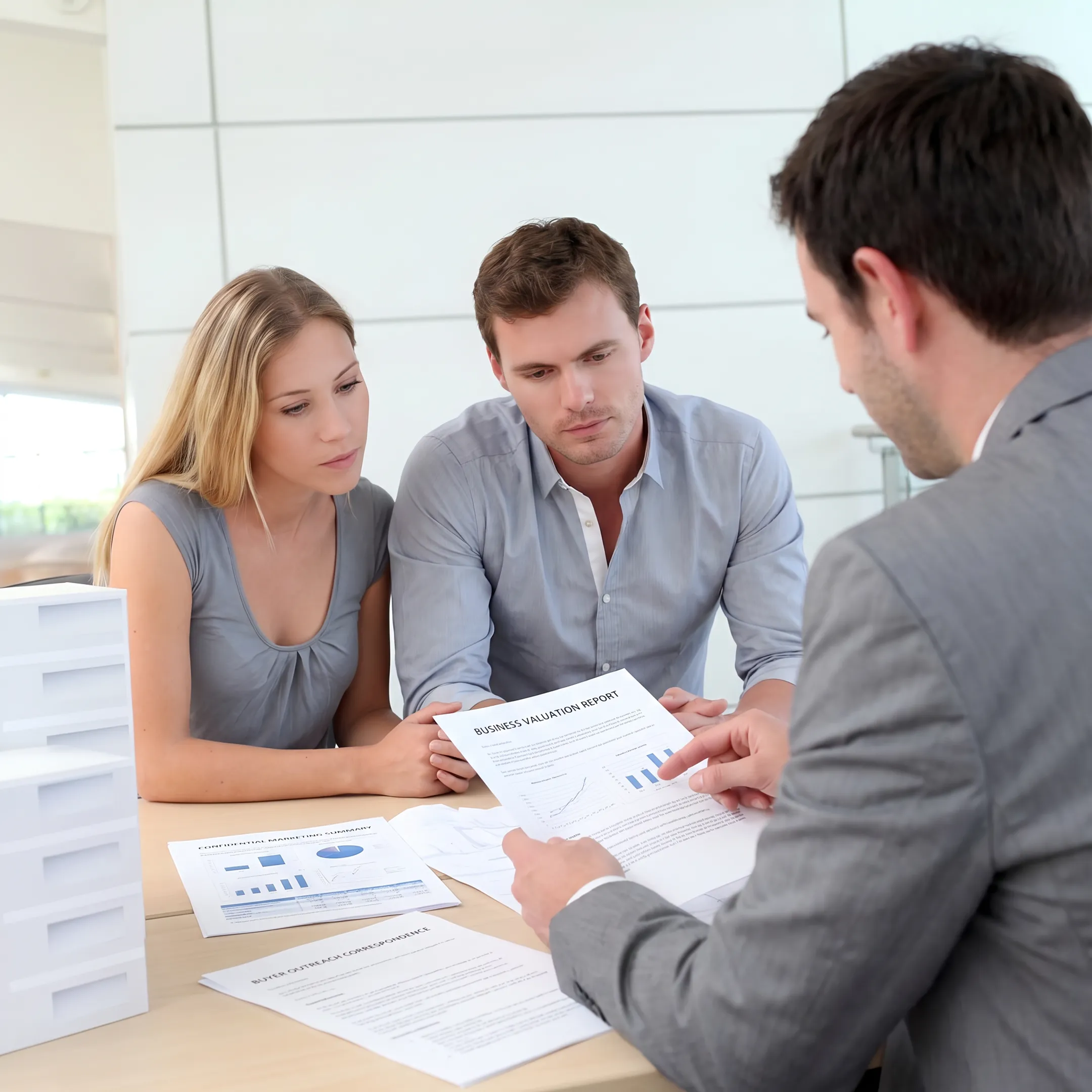 Business owner and broker discussing a confidential company sale strategy