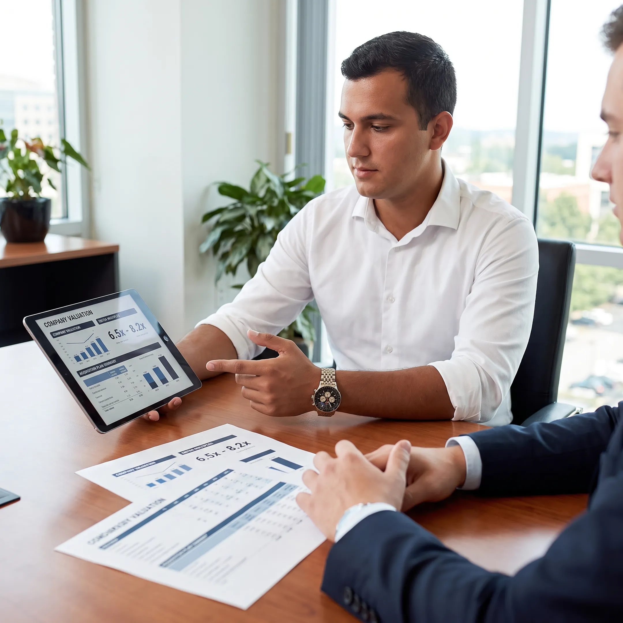 Business advisors reviewing financial documents during an M&A consultation