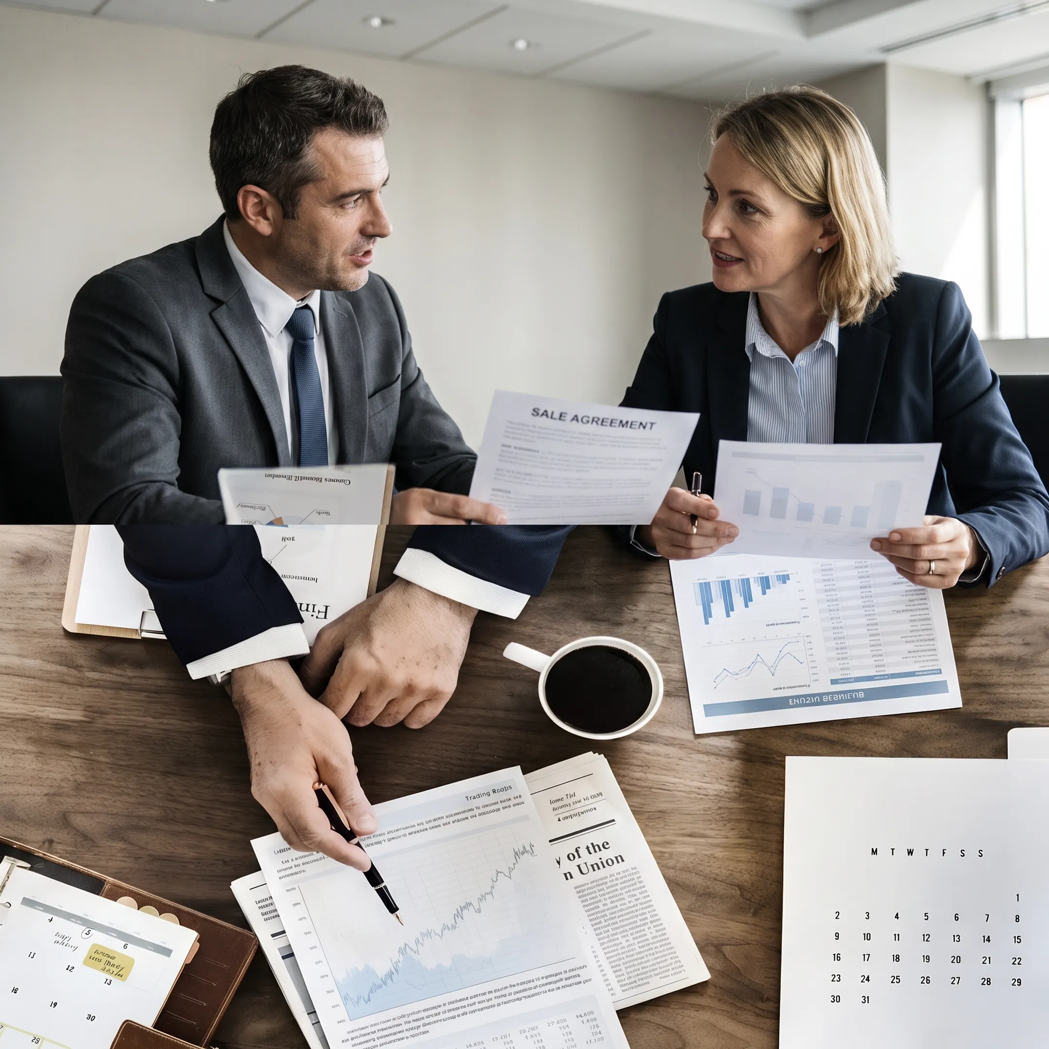 Business broker reviewing a confidential business-for-sale listing with an owner