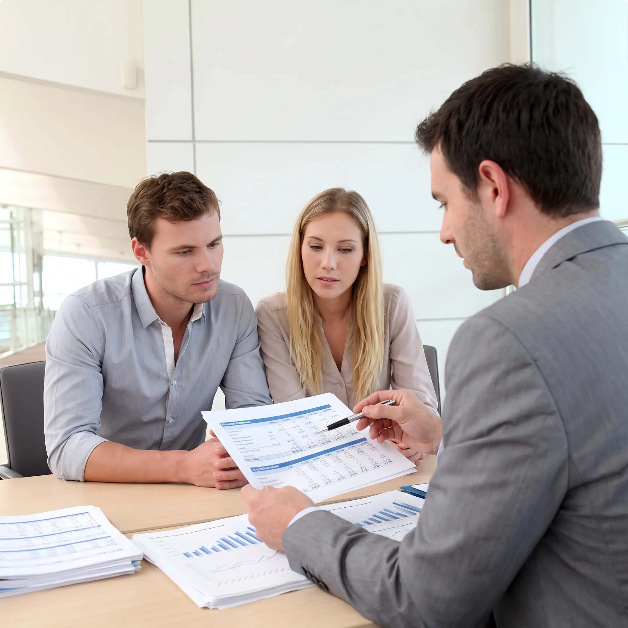 Business broker reviewing financial documents with business owner at a professional meeting
