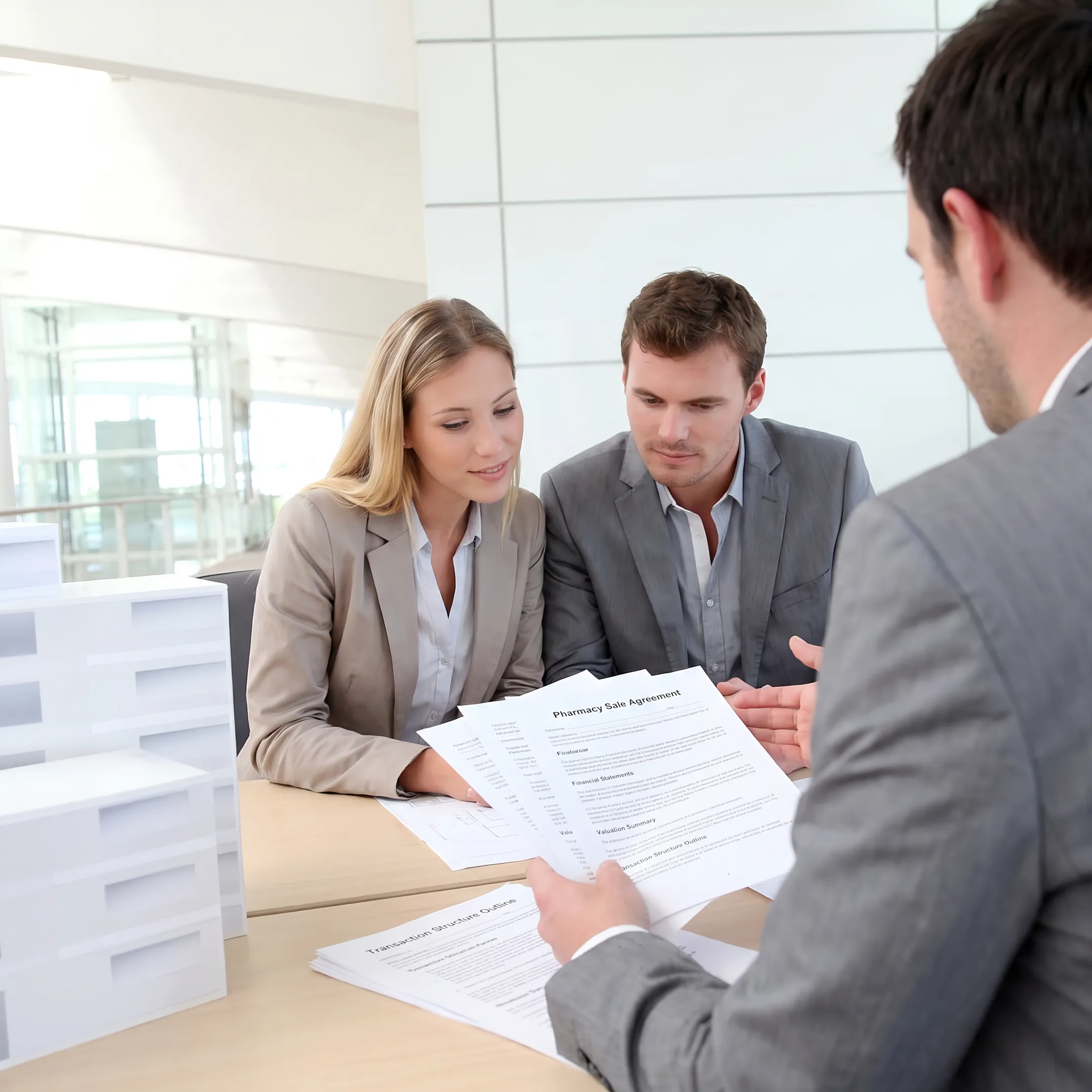 Business advisors reviewing pharmacy acquisition documents with a client