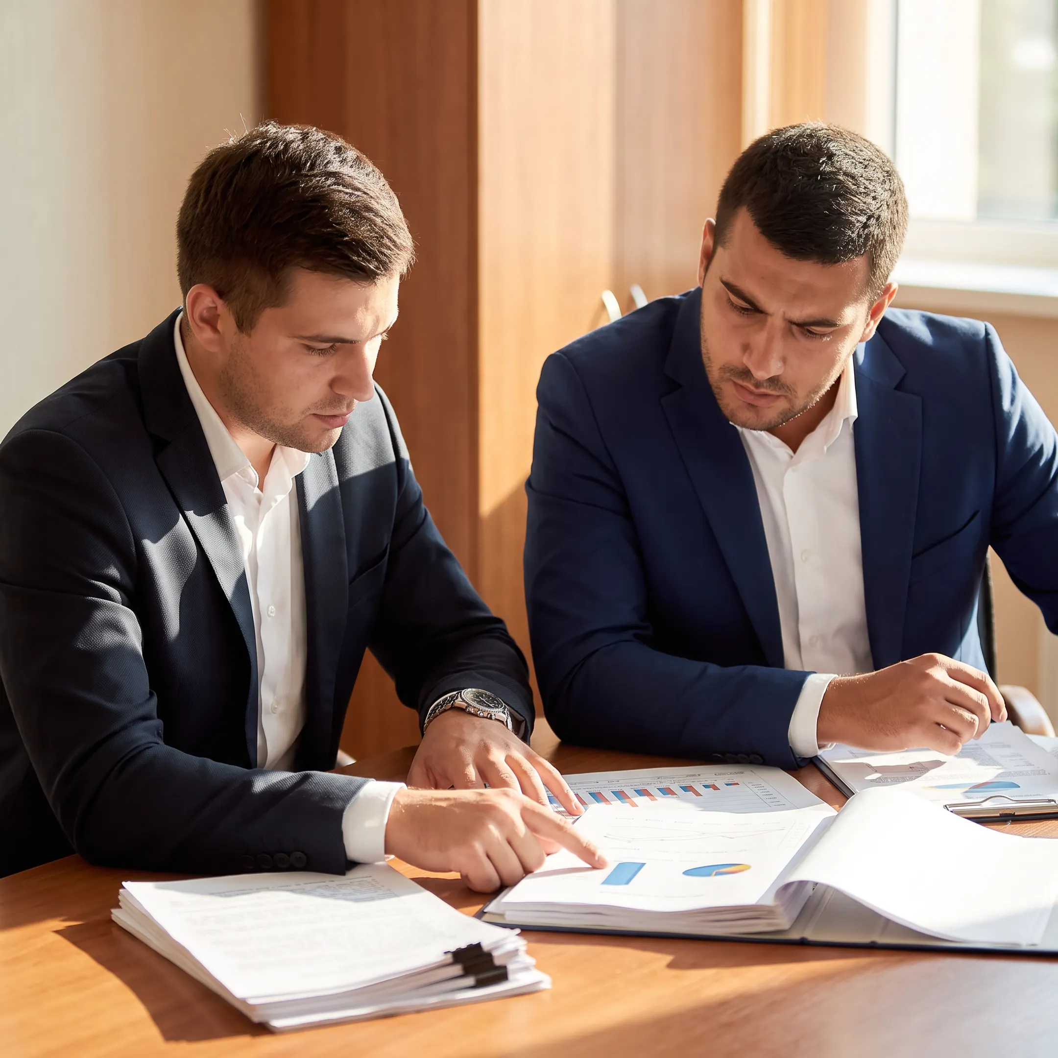 Business broker reviewing construction company documents with an owner