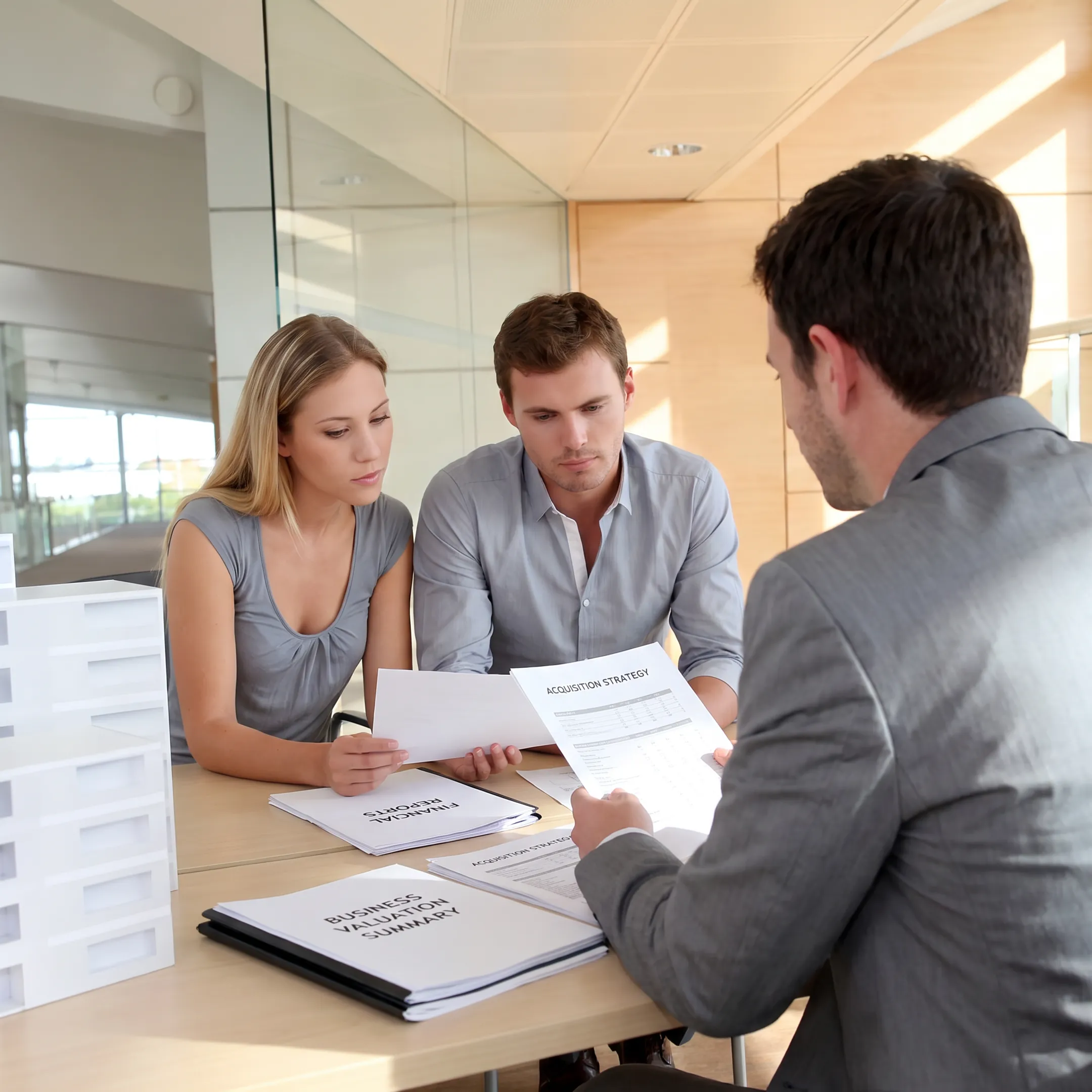 Business broker reviewing pest control company financial documents with an owner