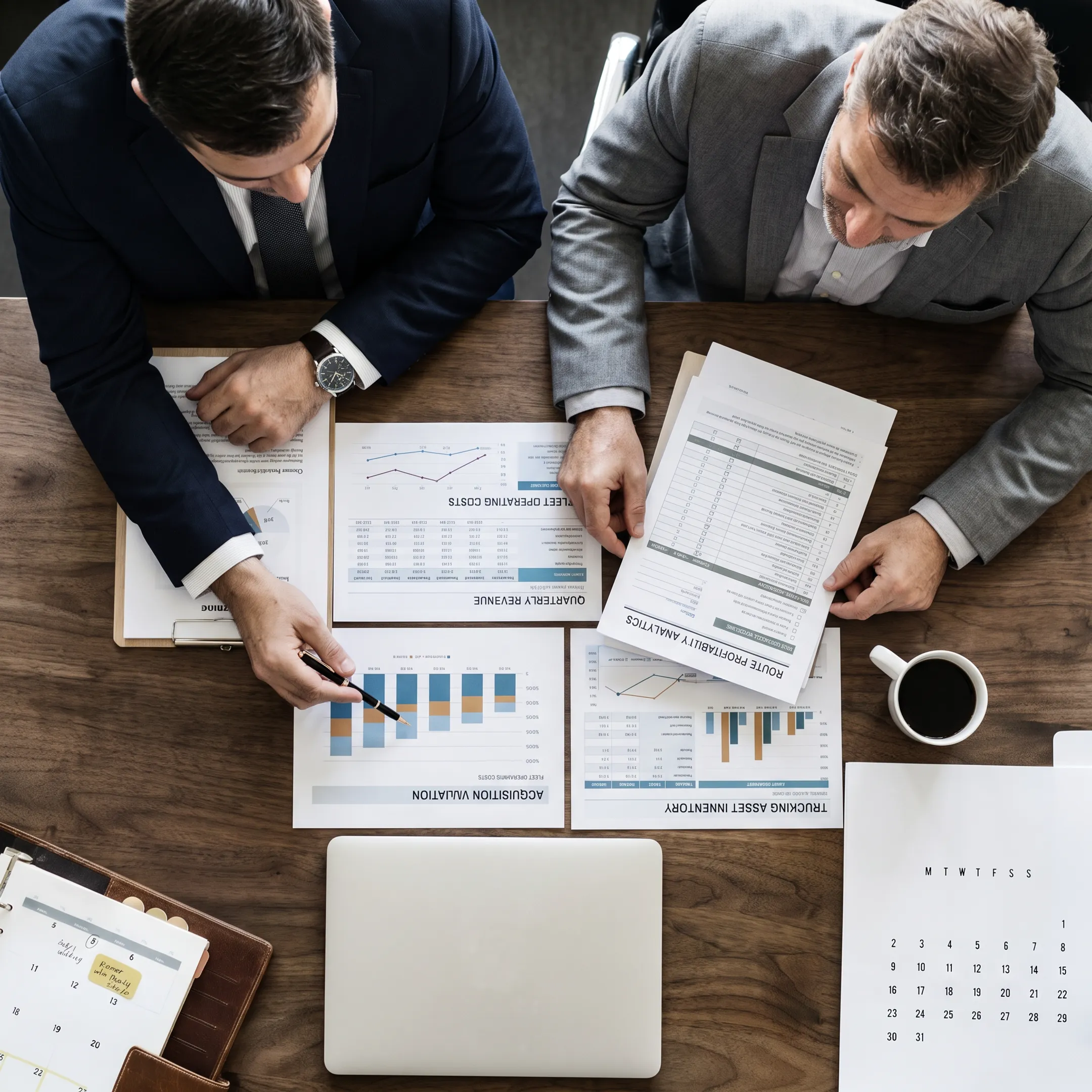 Business broker reviewing transportation company financial documents with a client