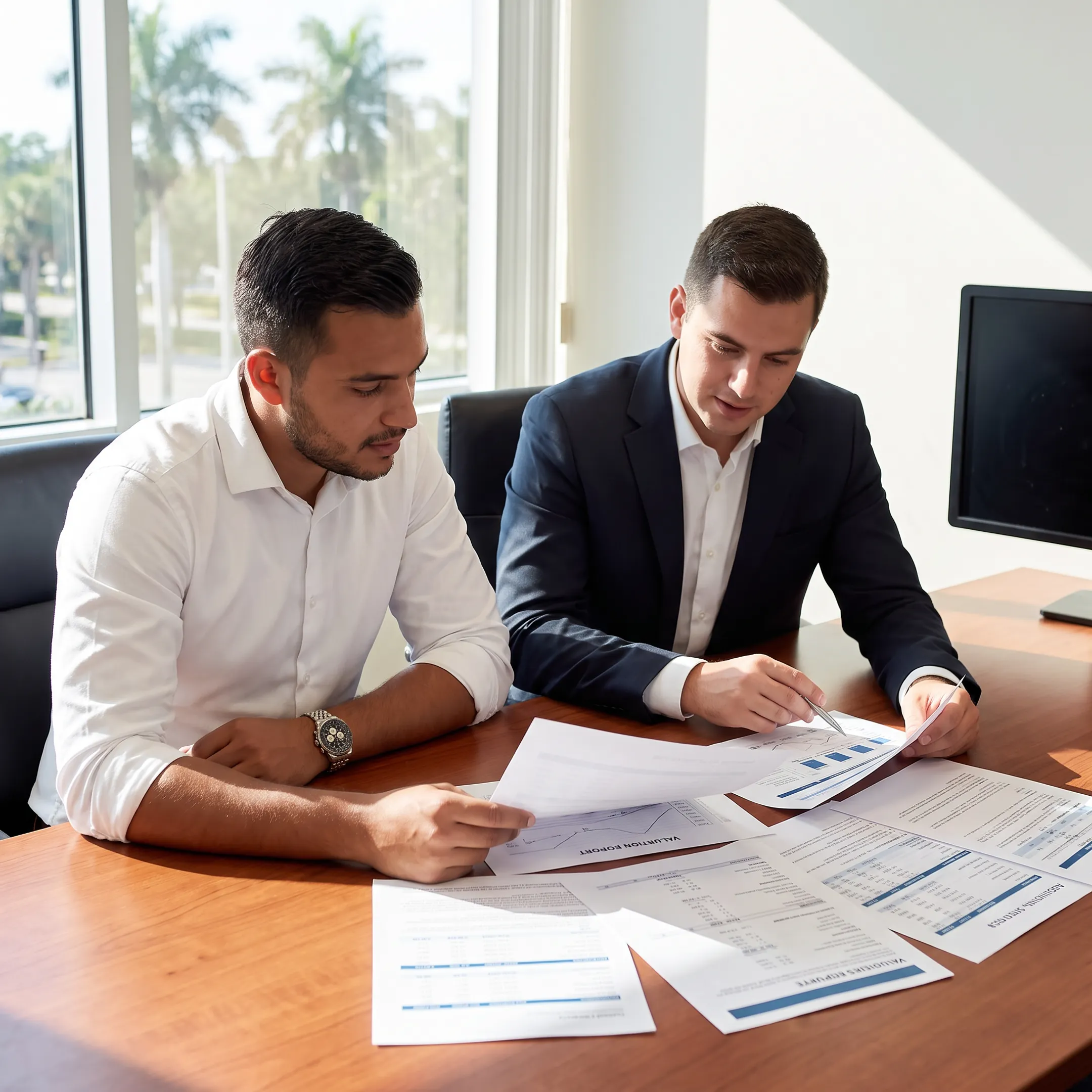 Business broker reviewing financial documents with an entrepreneur in a professional office