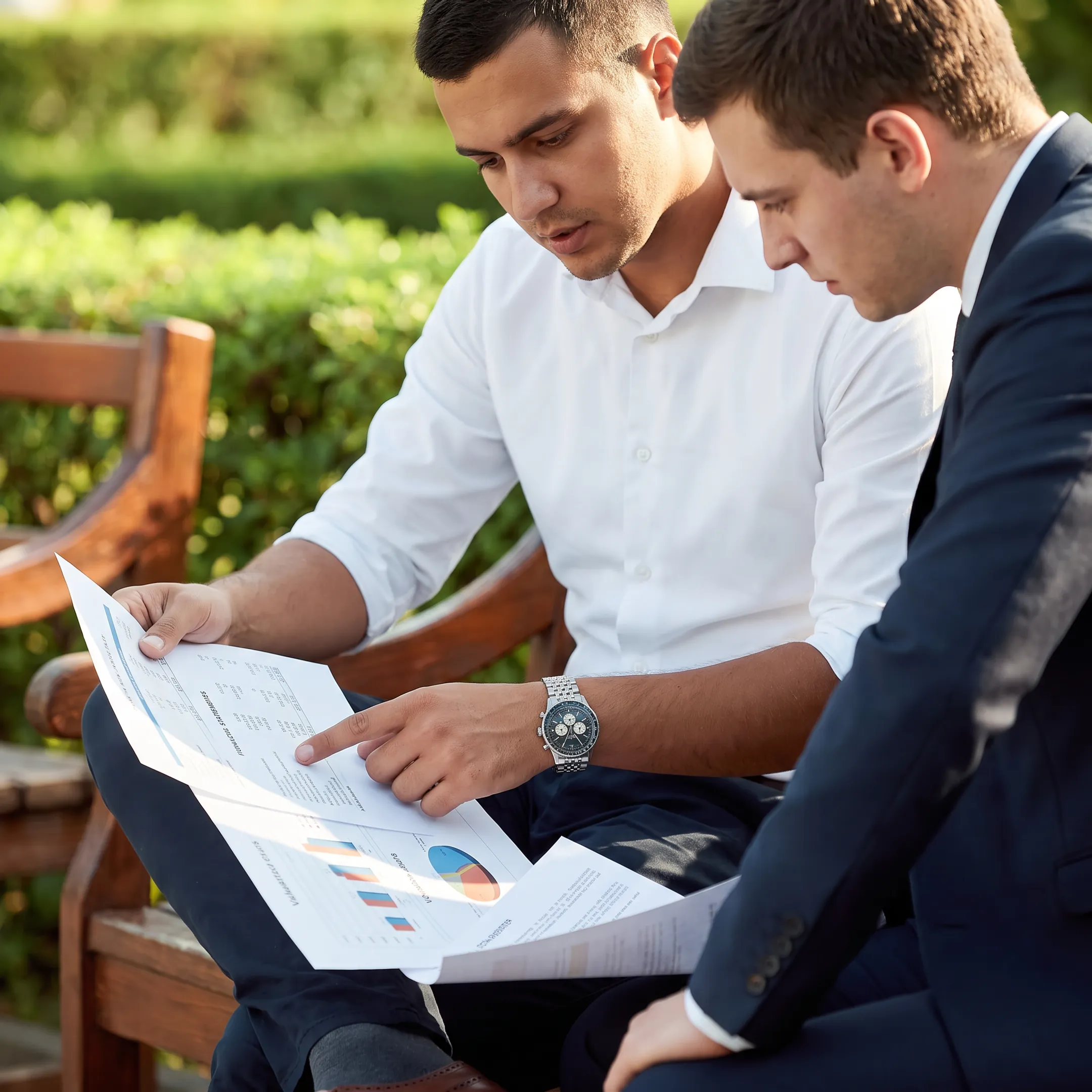 Business broker reviewing financial documents with a business owner in a professional office