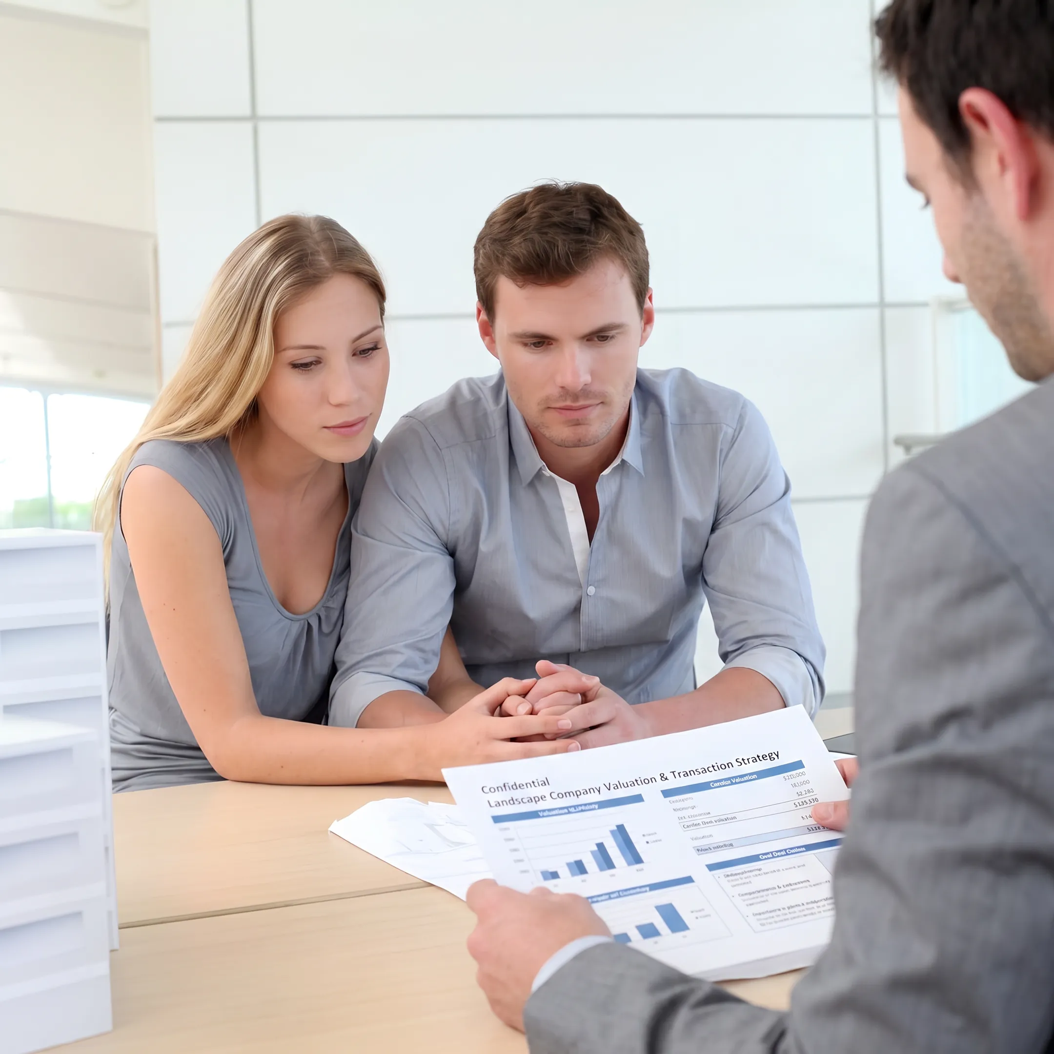 Advisor presenting landscaping business valuation findings to a client