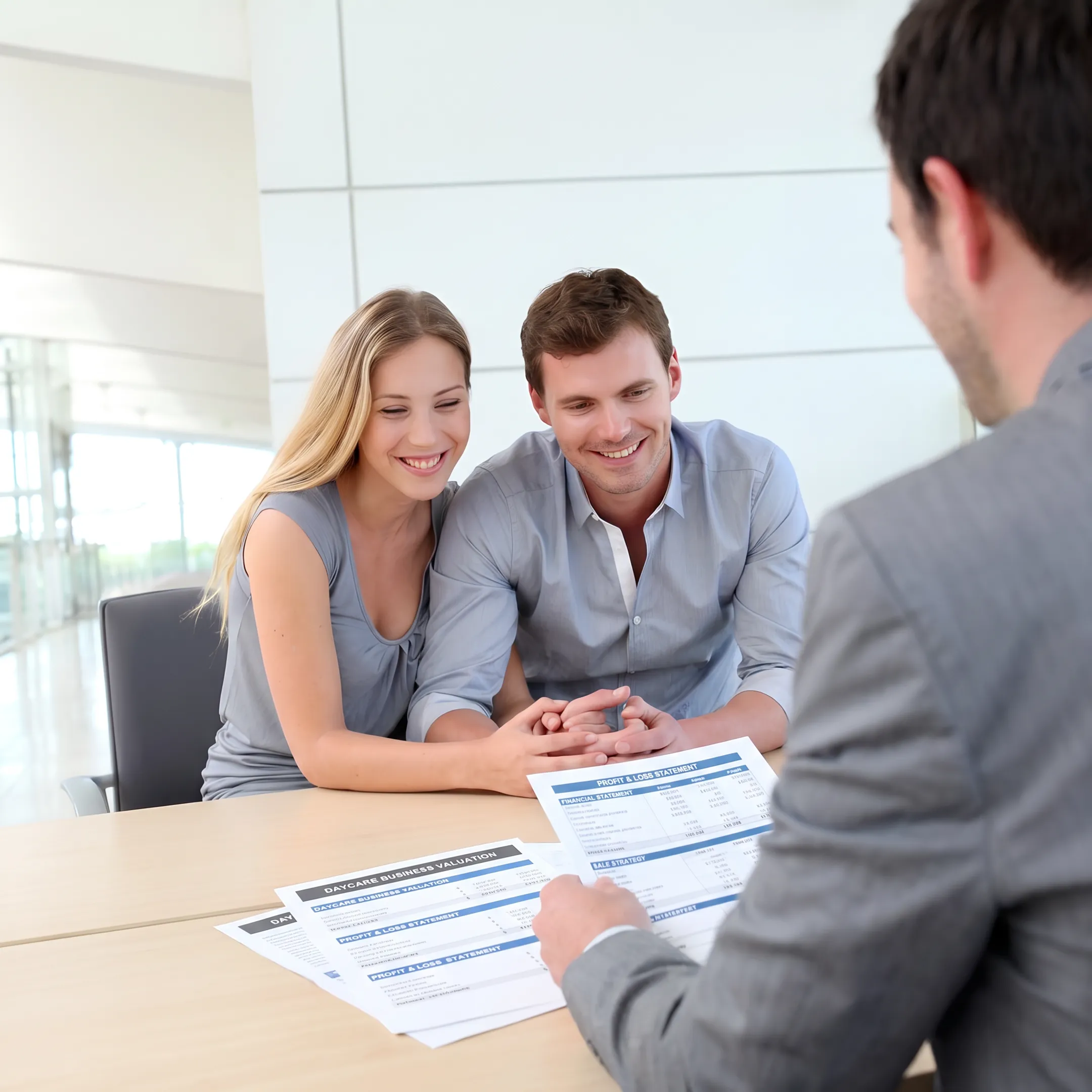 Business advisor reviewing daycare sale documents with an owner