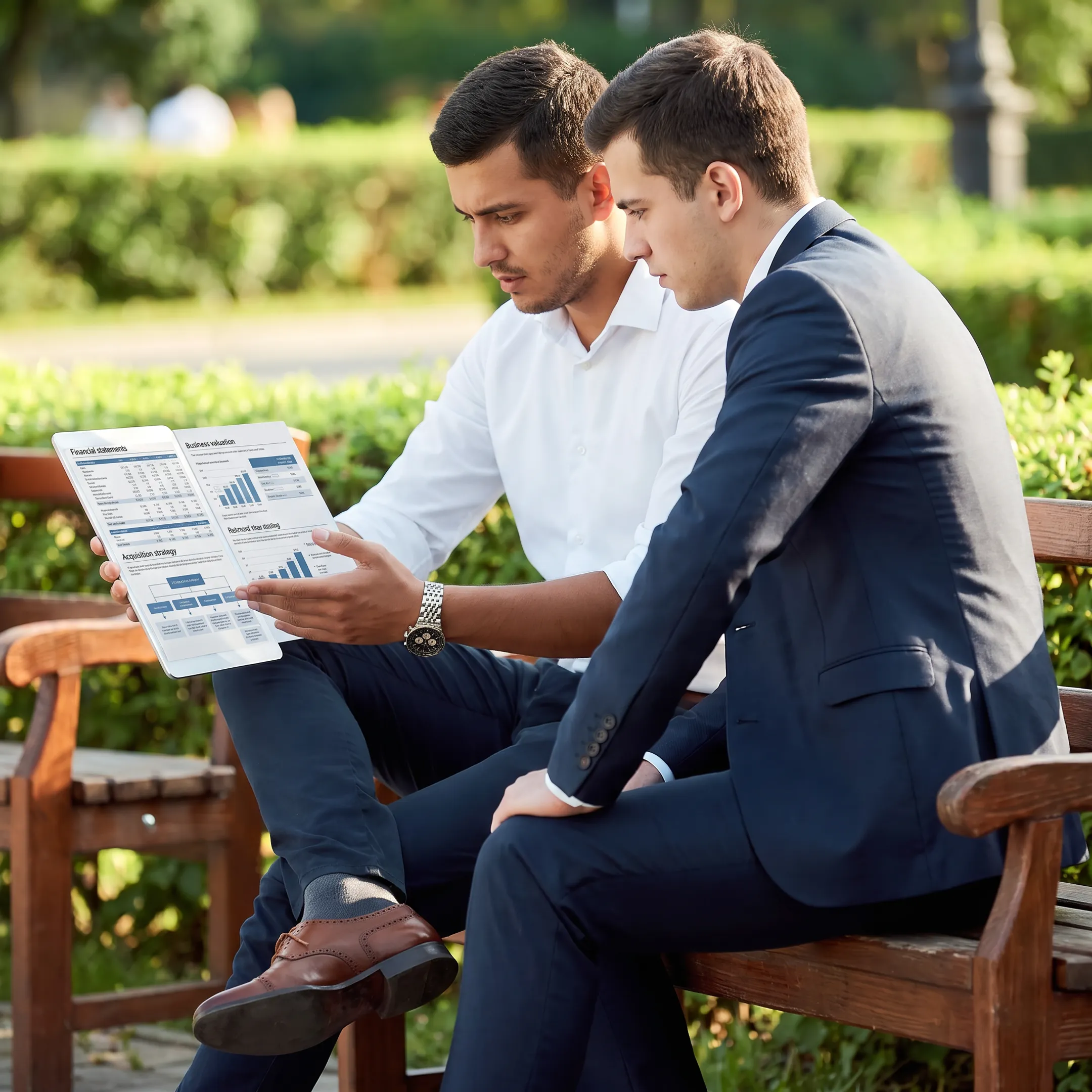 Business advisors reviewing an acquisition strategy with a business owner