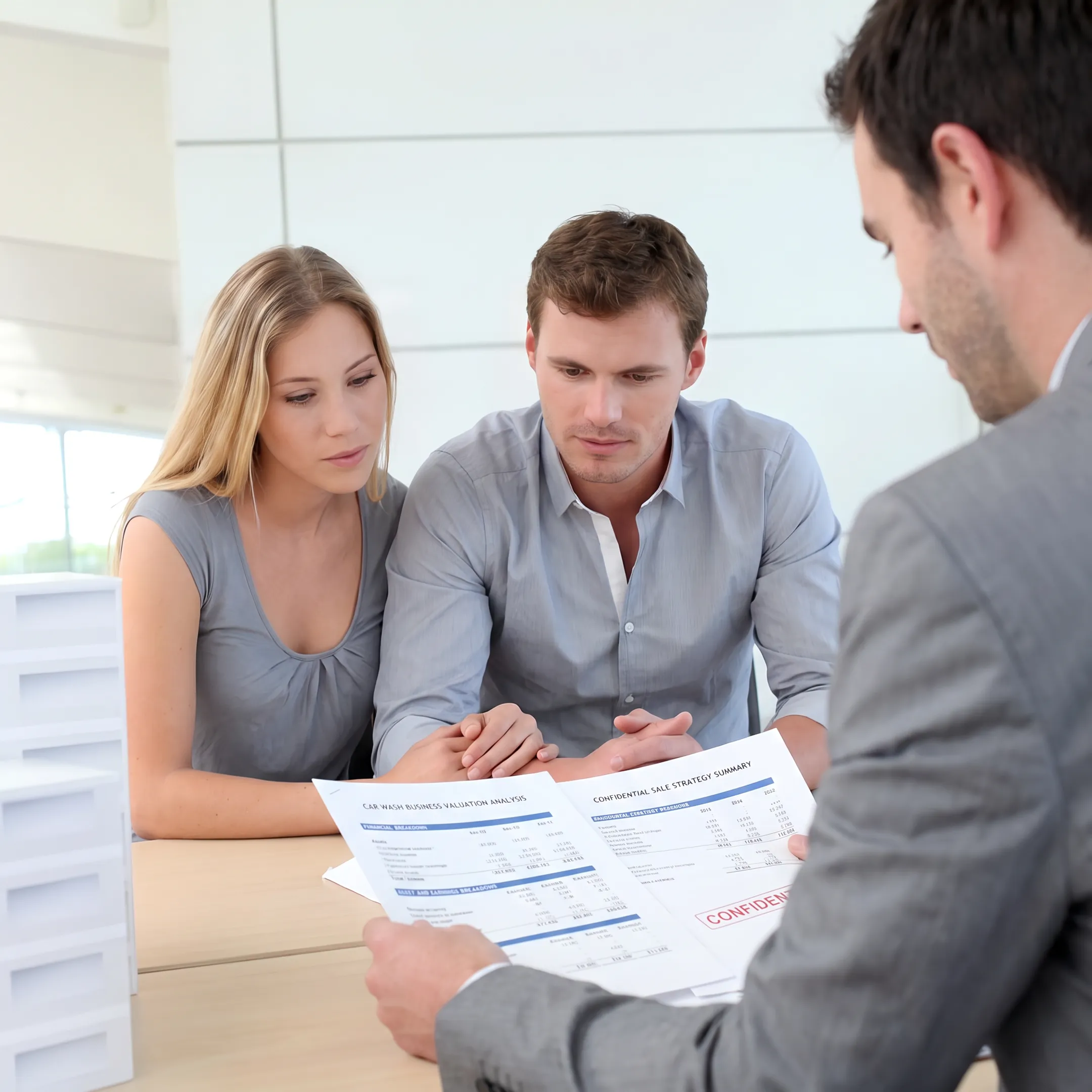 Advisor discussing car wash business valuation with an owner