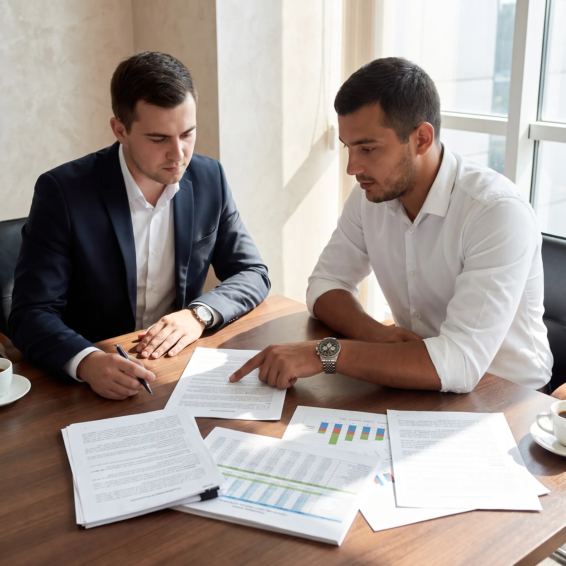 Business advisors reviewing confidential acquisition documents with a business owner
