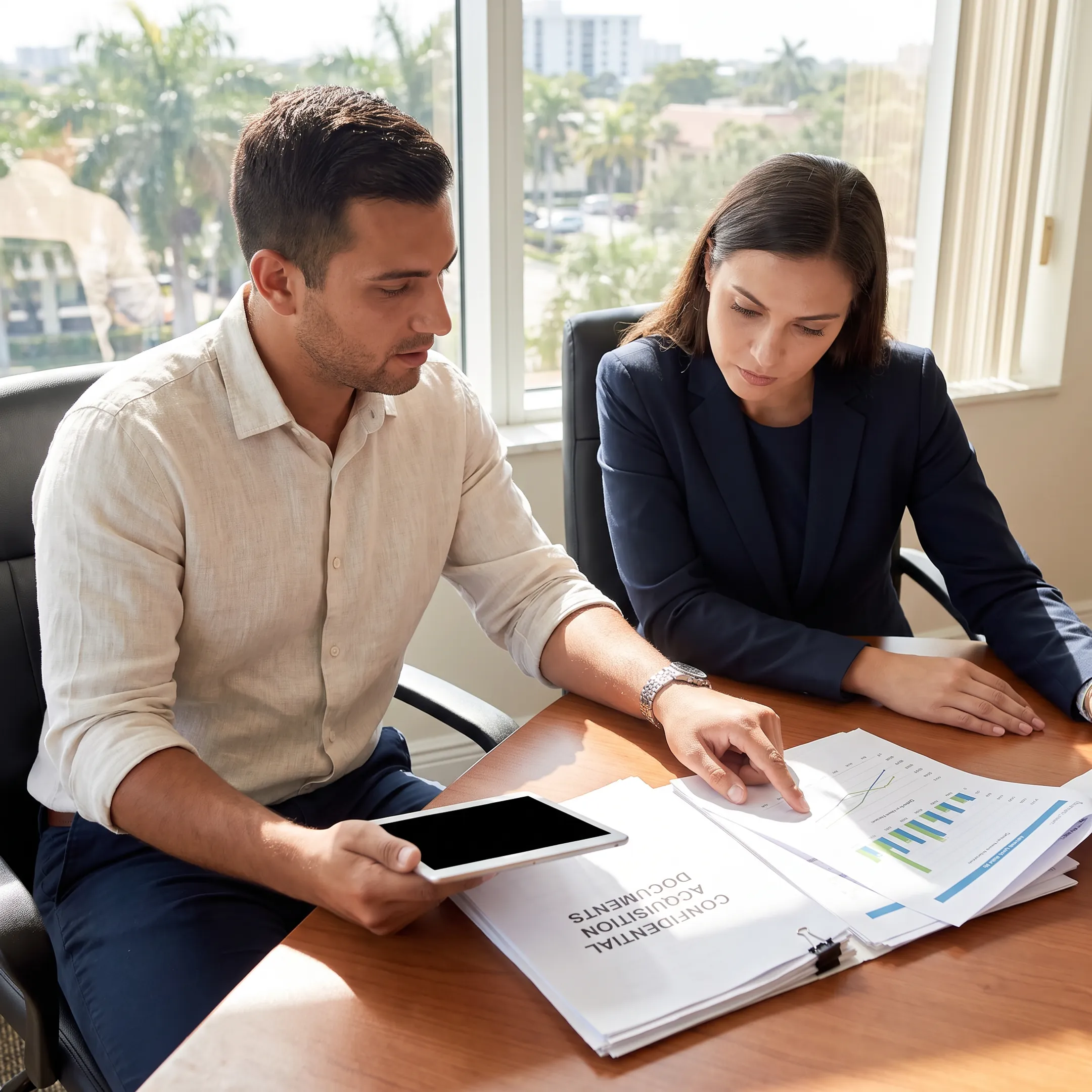 Business broker reviewing acquisition documents with a business owner