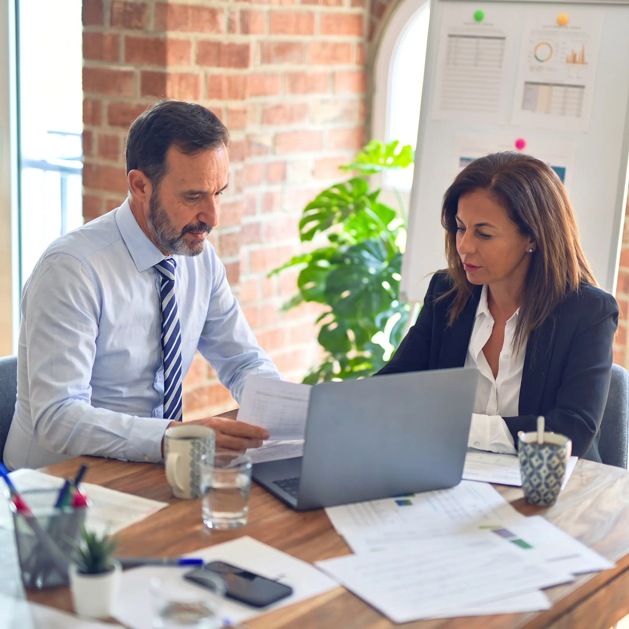Business advisors reviewing healthcare practice acquisition documents with a medical practice owner