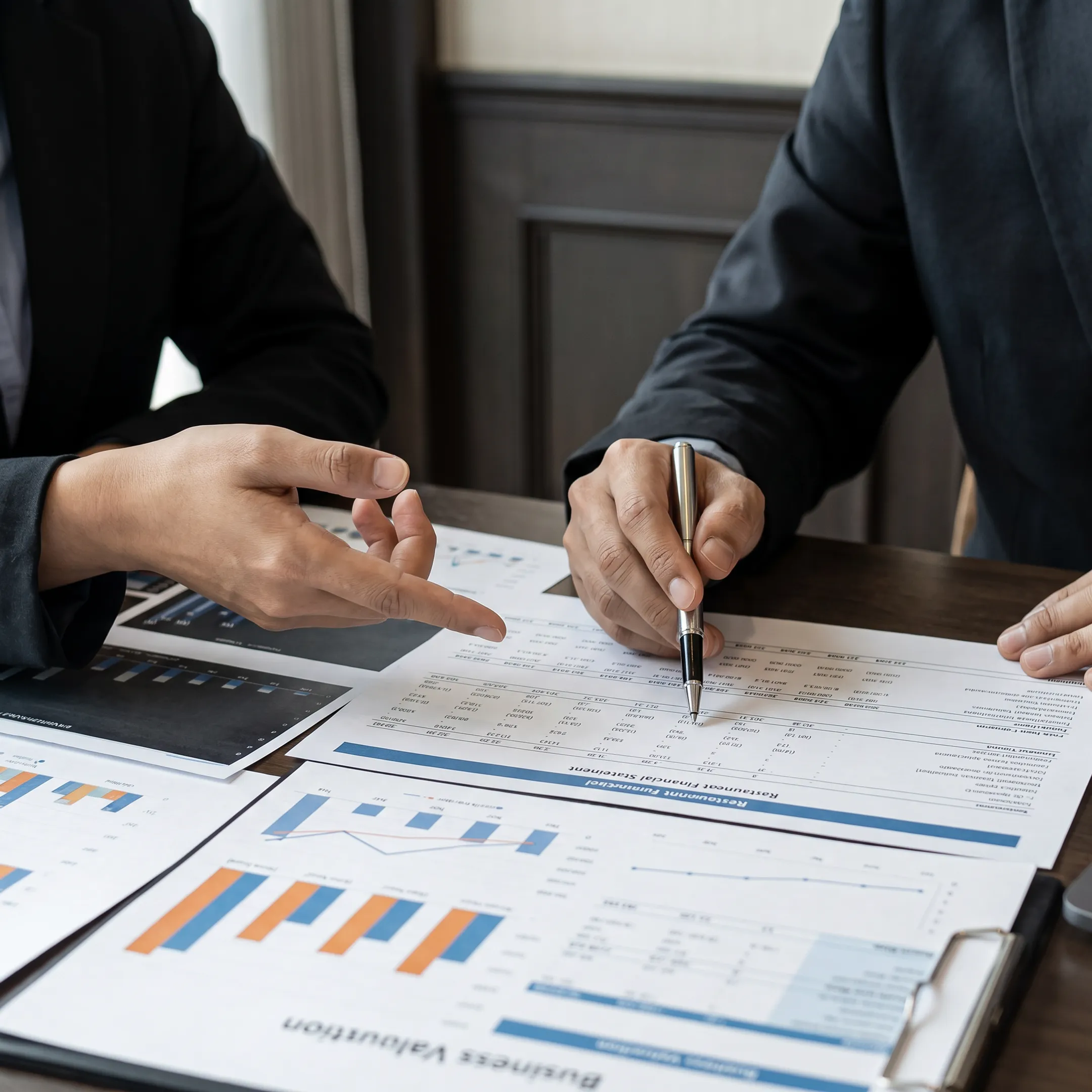 Business advisor reviewing restaurant valuation documents with an owner