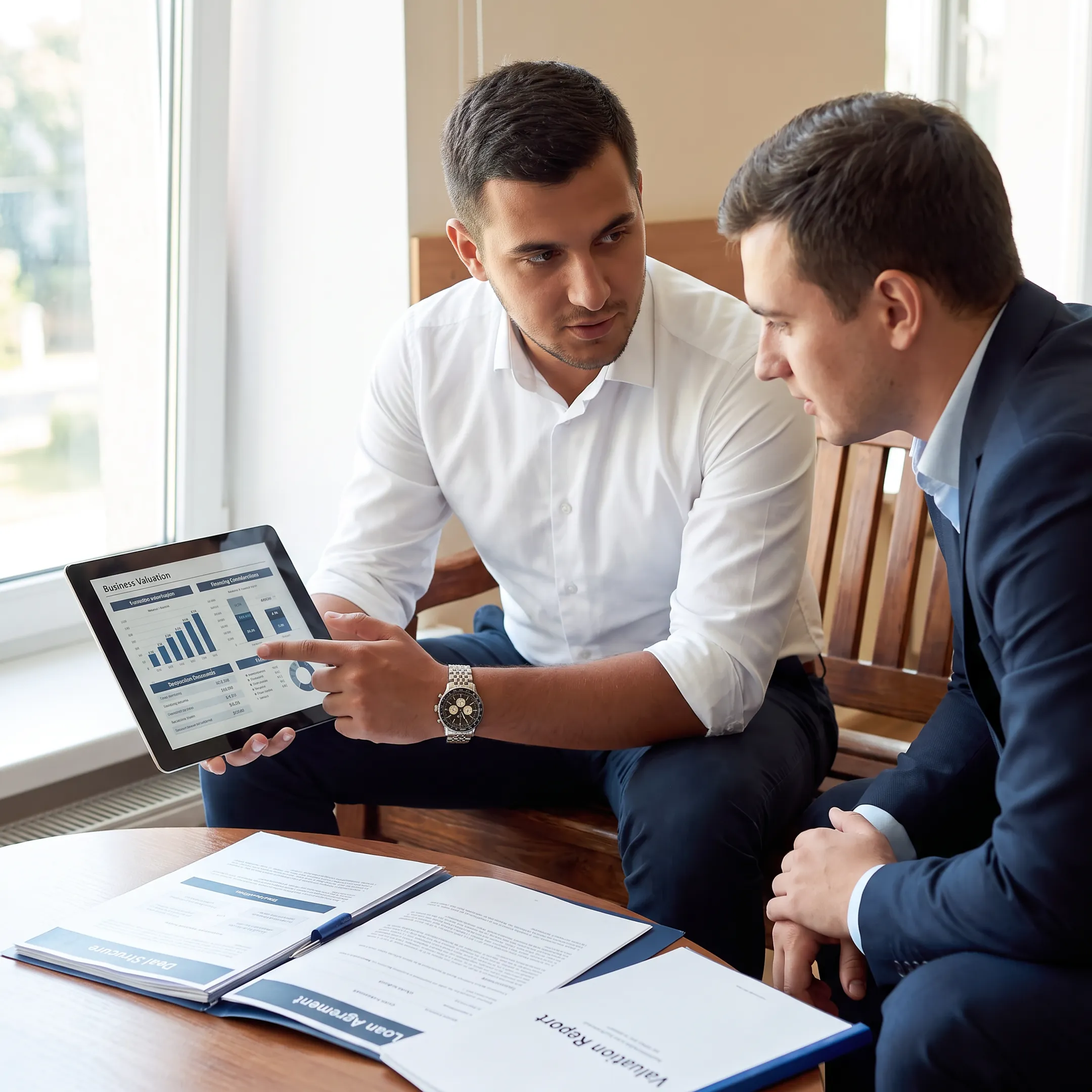 Advisor explaining business acquisition analysis to a prospective buyer