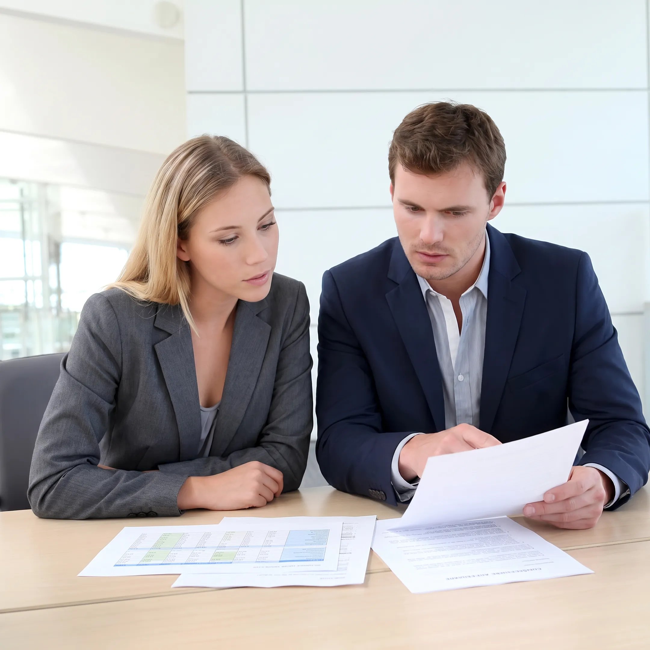 Business advisors reviewing acquisition documents with a prospective business buyer