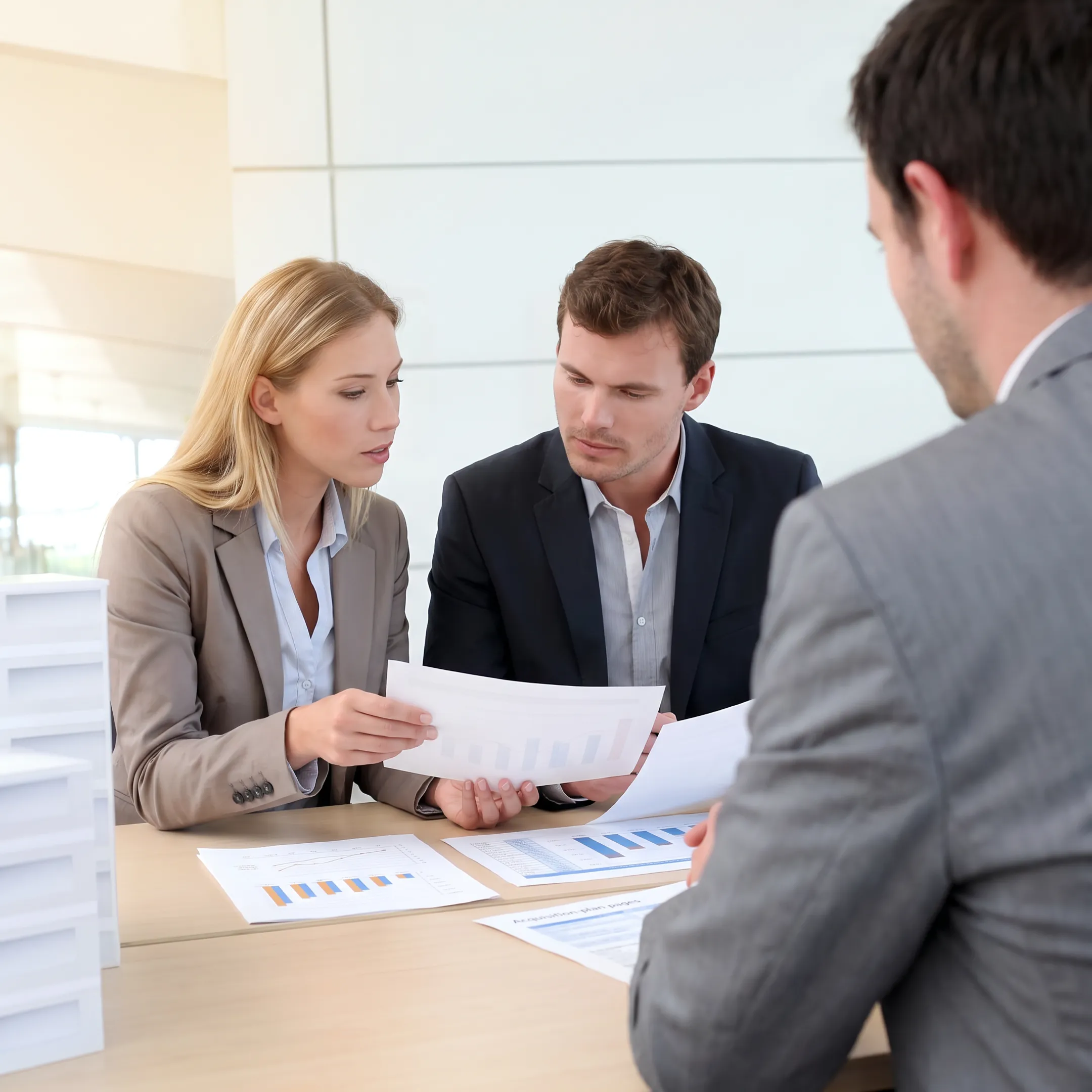 Business broker reviewing HVAC company financial documents with an owner
