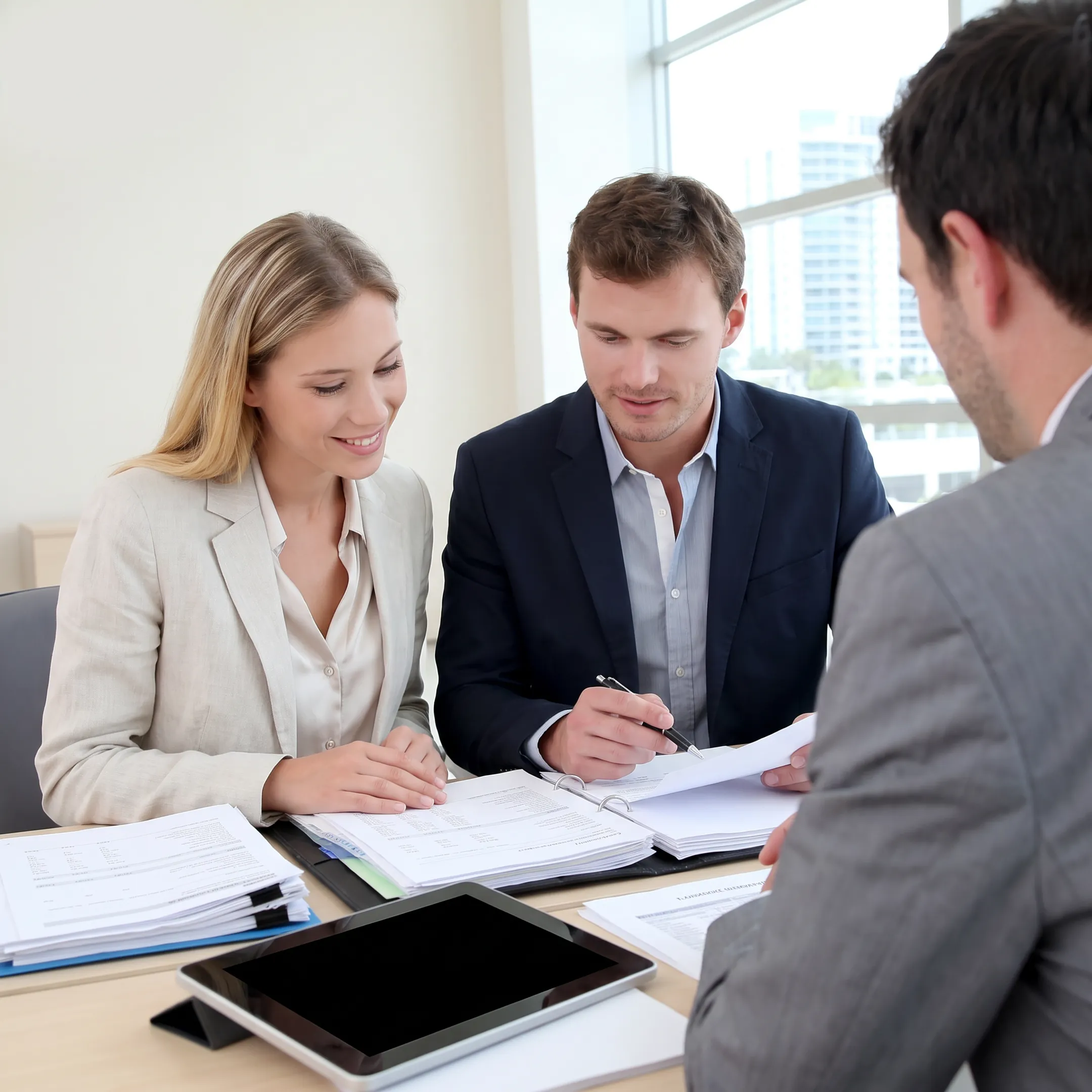 Business broker reviewing financial documents with an owner during a confidential sale consultation