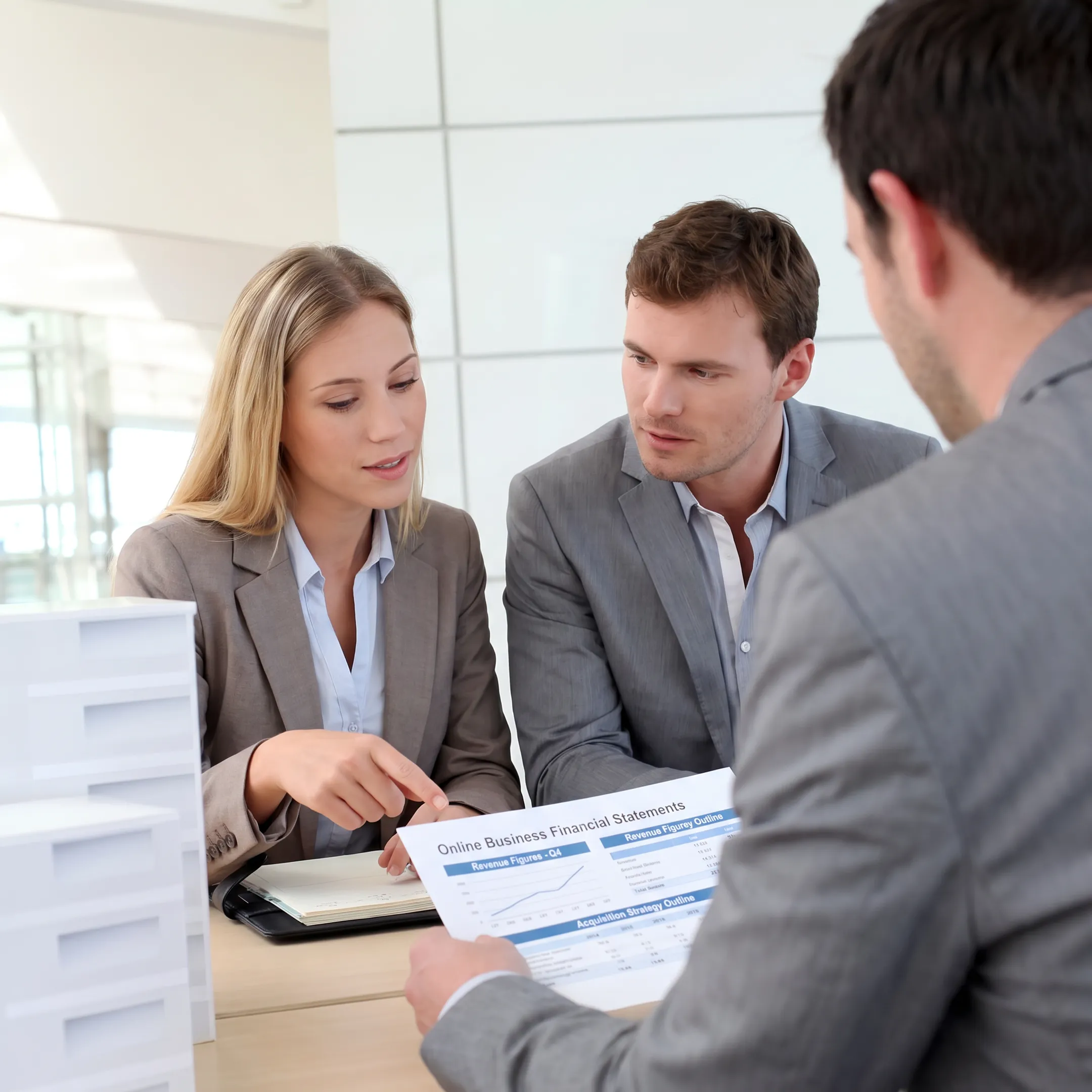 Advisor reviewing an online business acquisition with a client