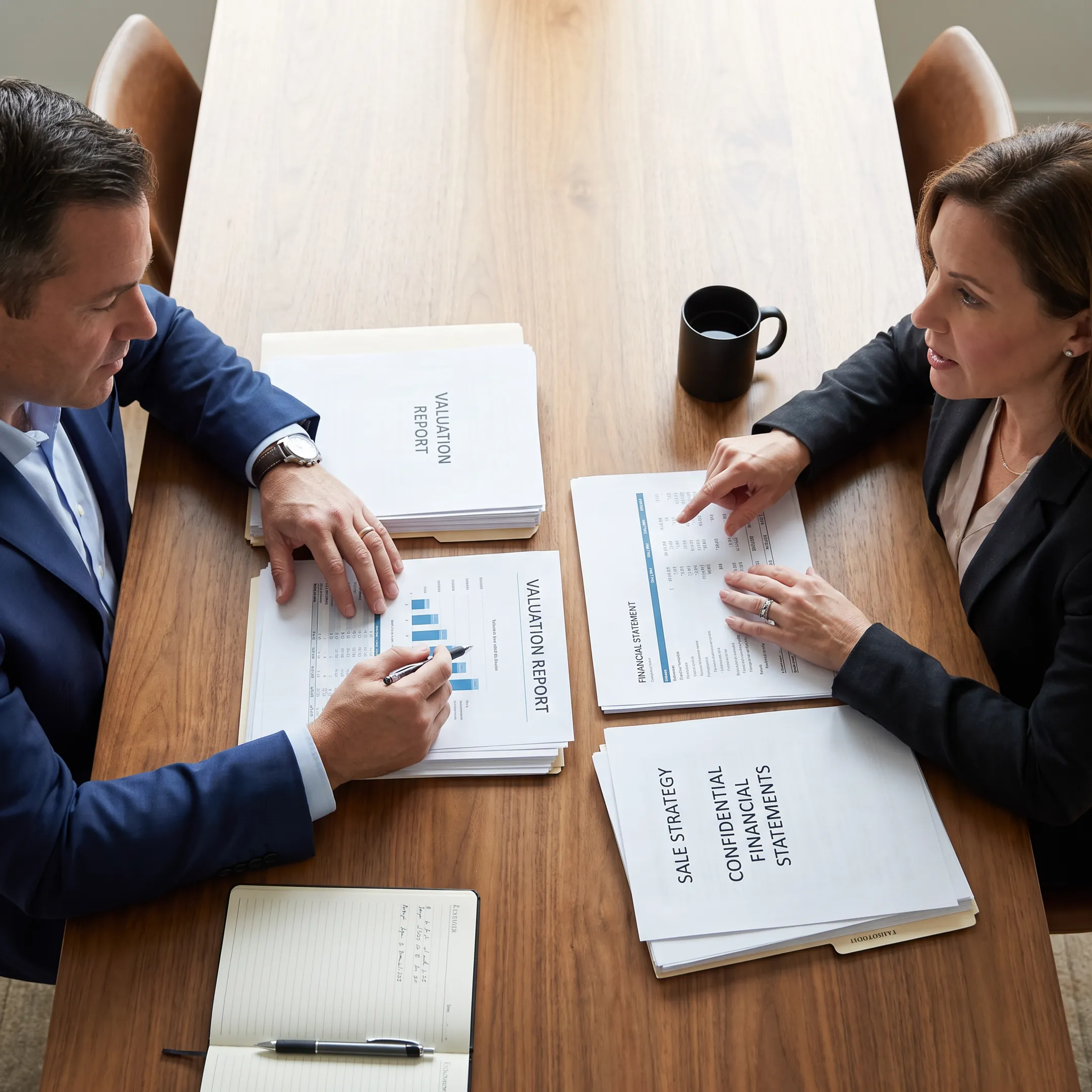 M&A advisor reviewing business sale documents with an owner