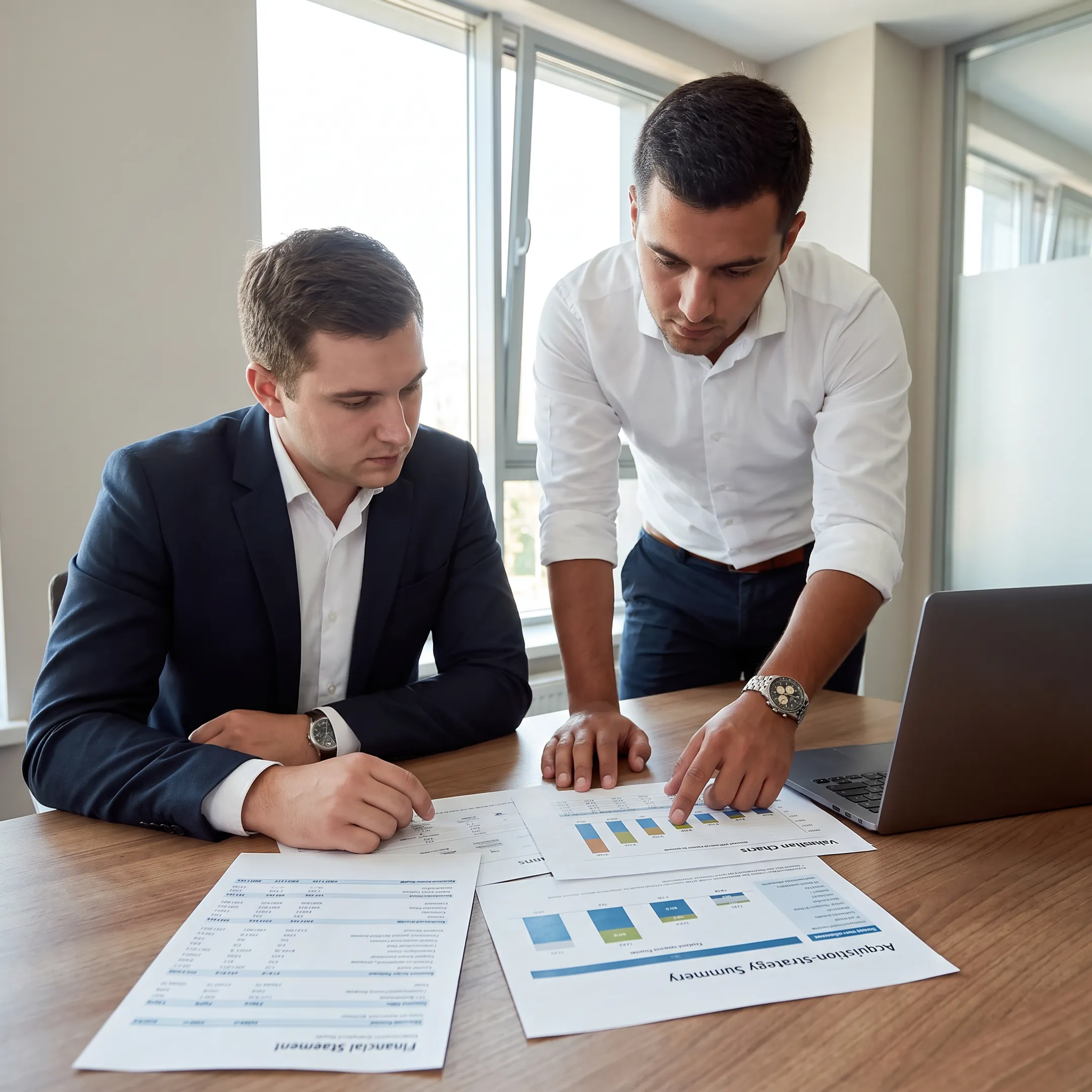 Business broker reviewing construction company financial documents with an owner
