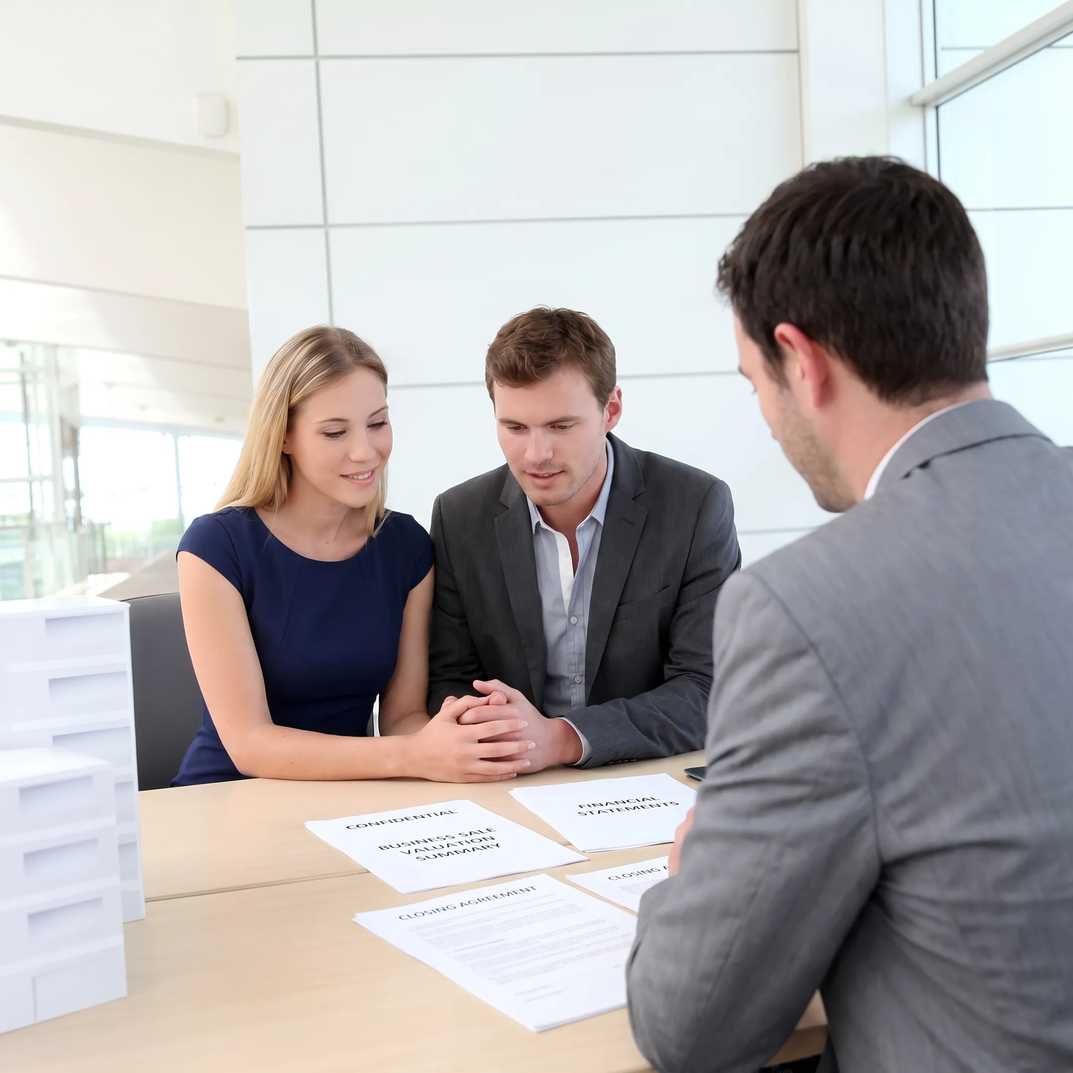Advisors reviewing business sale documents during an escrow discussion