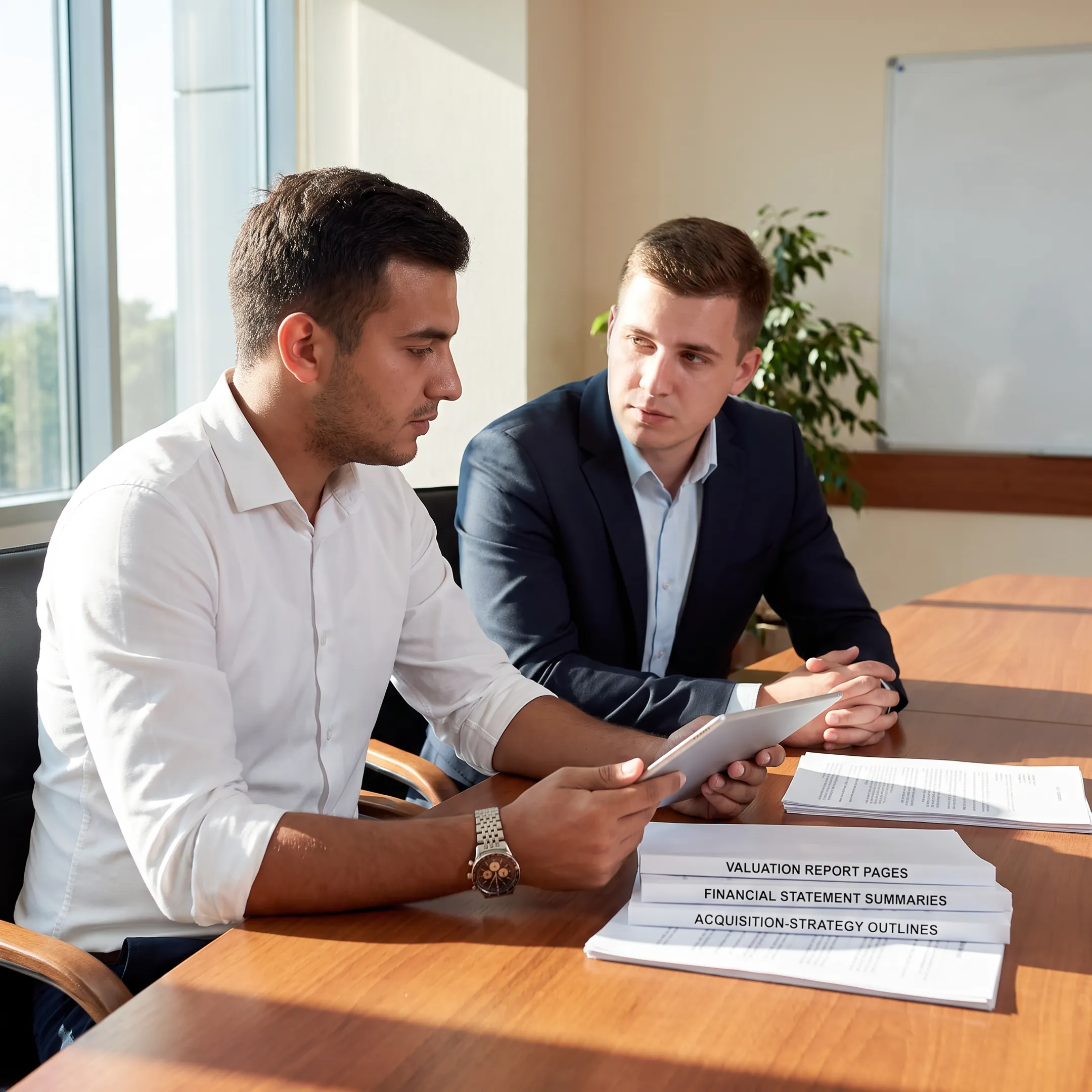 Restaurant business advisors discussing valuation and acquisition strategy