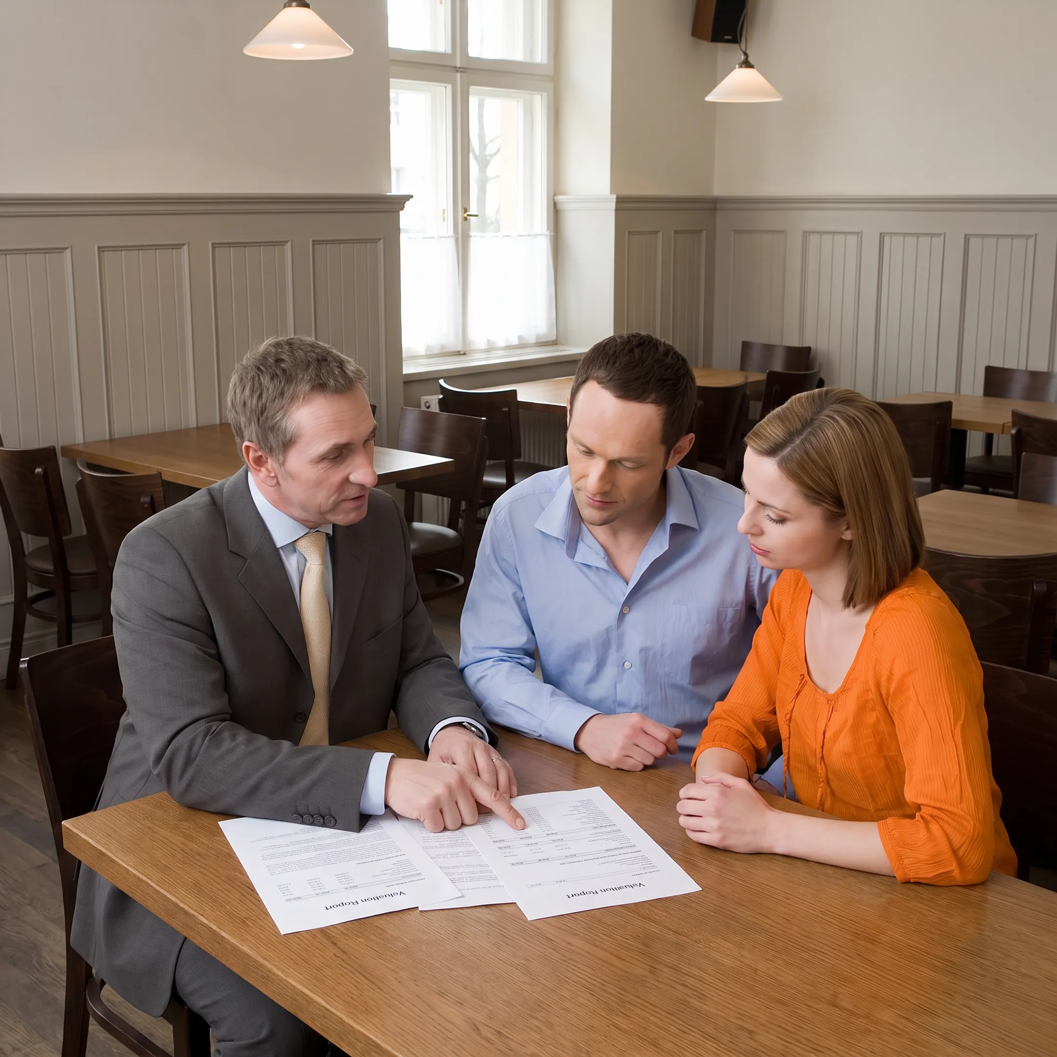 Business broker reviewing restaurant financial documents with an owner