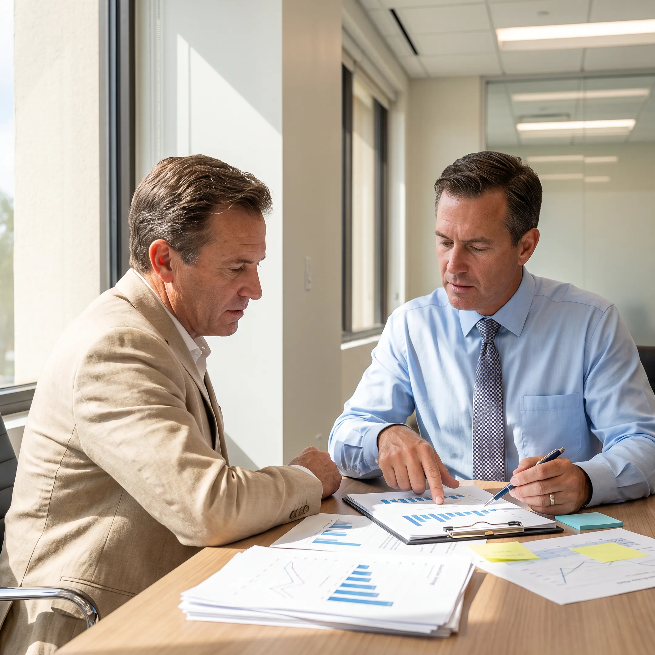 Business broker reviewing acquisition documents with a client