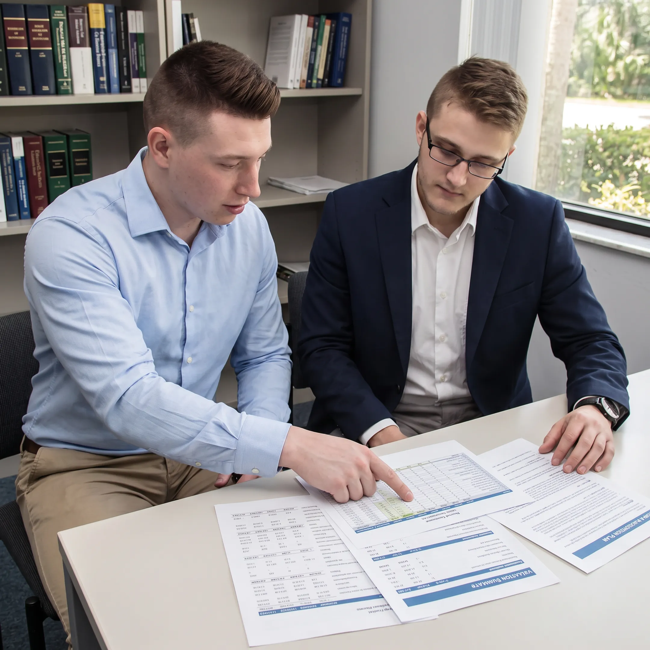 Business broker reviewing financial documents with a business owner in a professional office