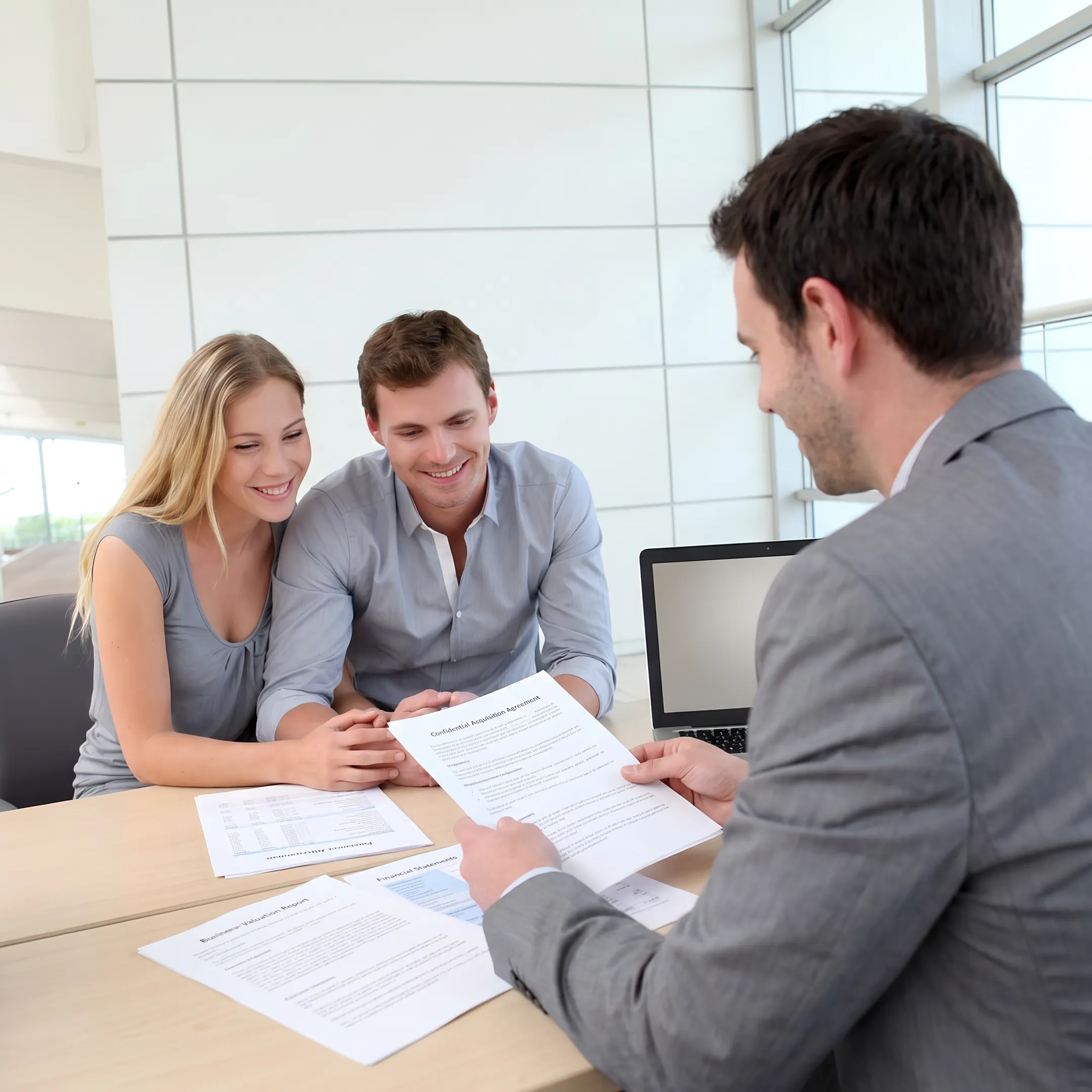 Business brokers reviewing acquisition documents with a client at a conference table