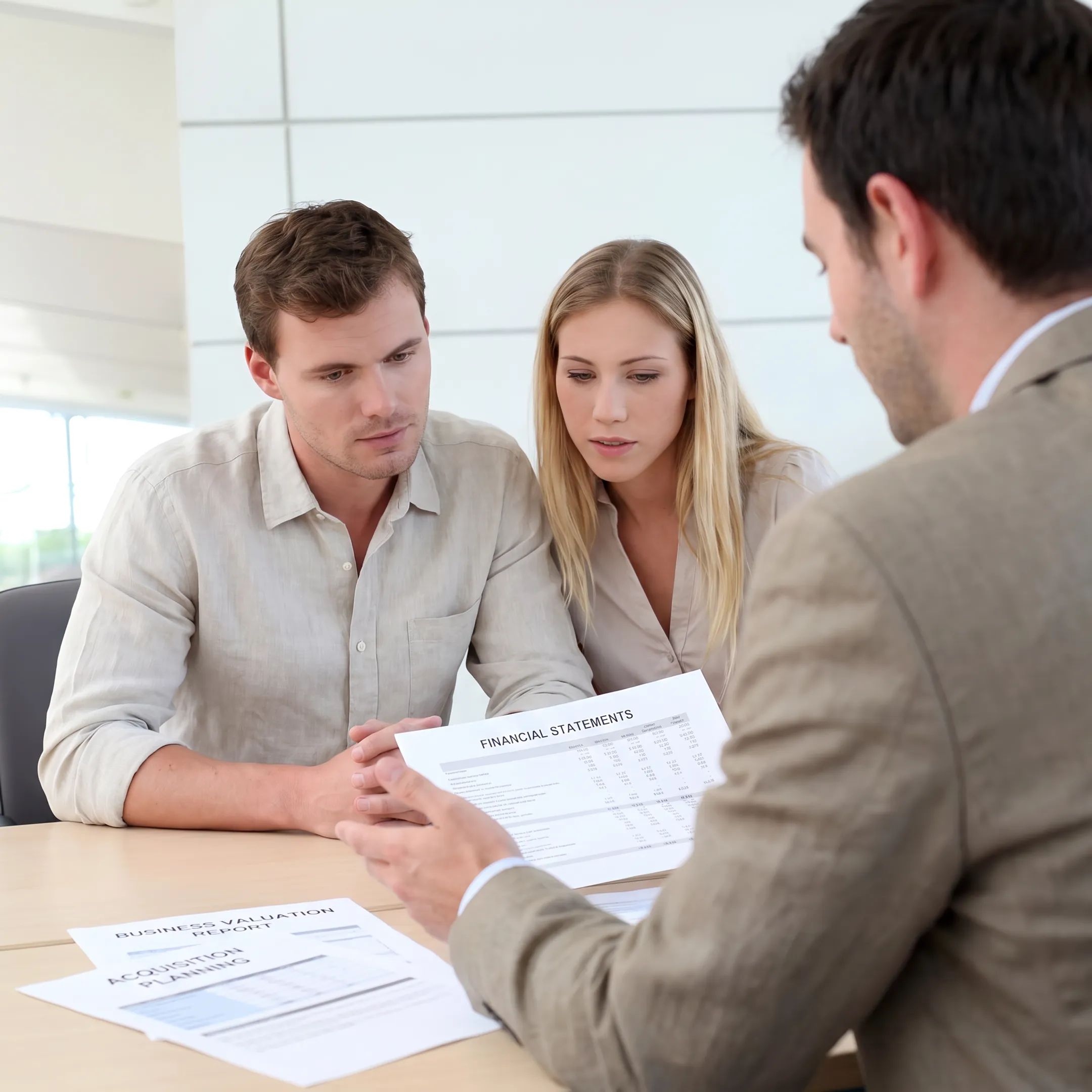 Business broker reviewing financial documents with a business owner
