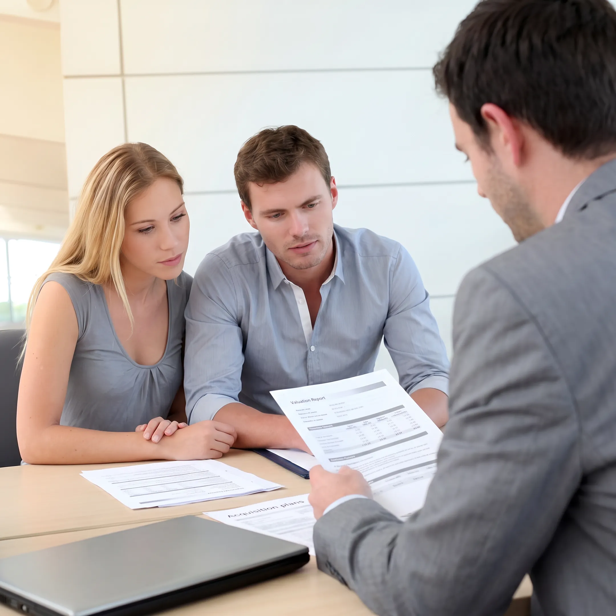 Business brokers reviewing financial documents during a confidential transaction meeting