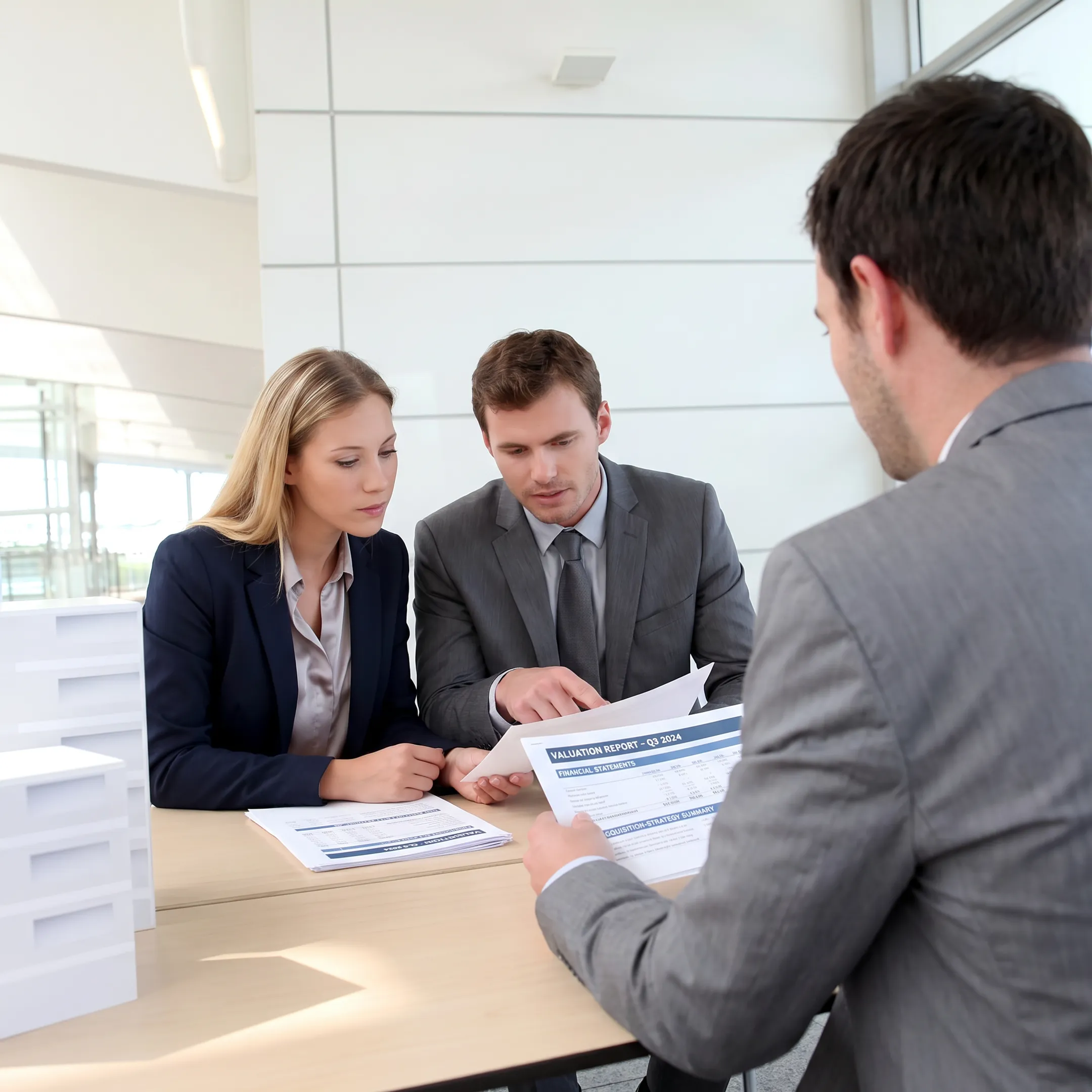 Business broker consulting with an owner over financial documents