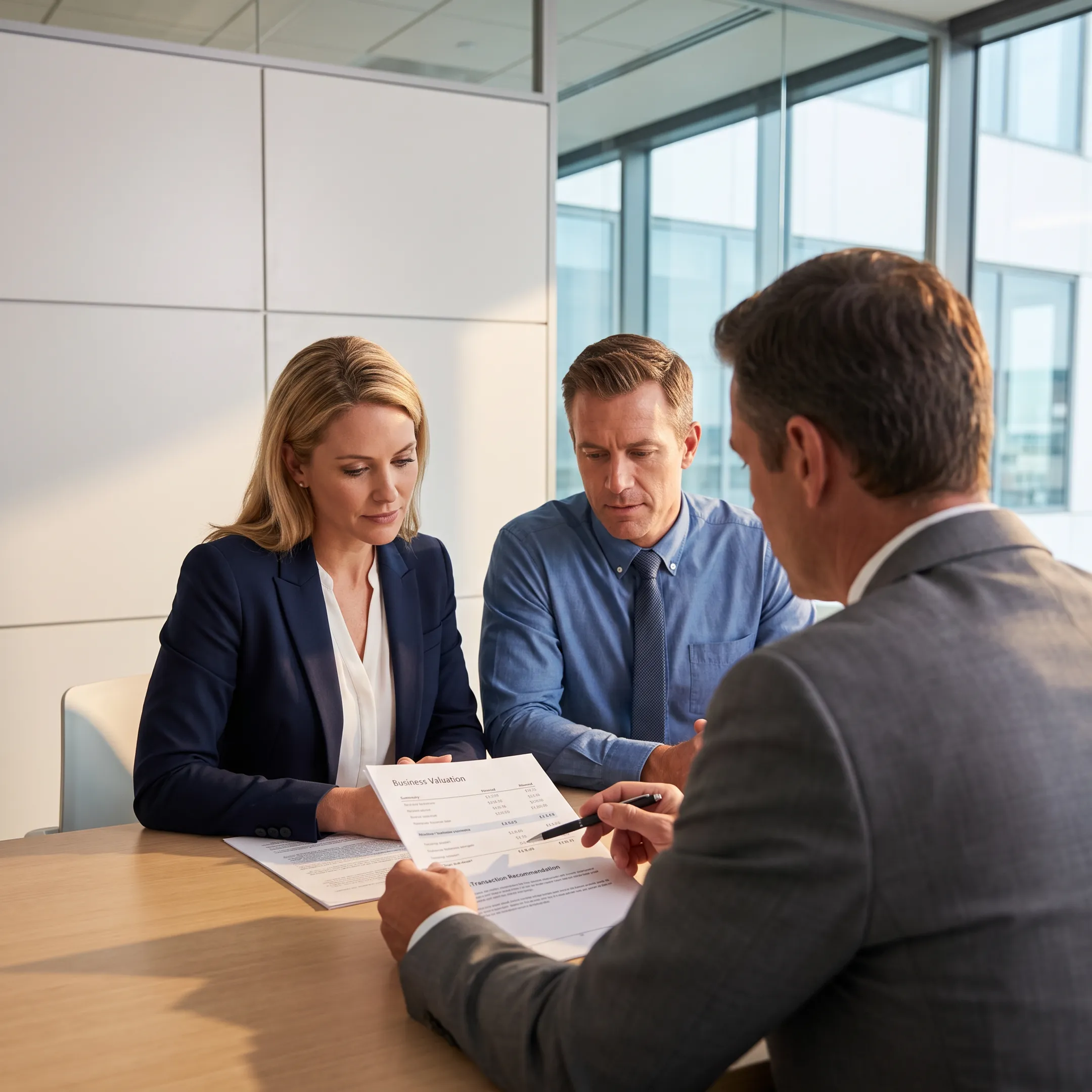 Advisor explaining business valuation findings to an owner