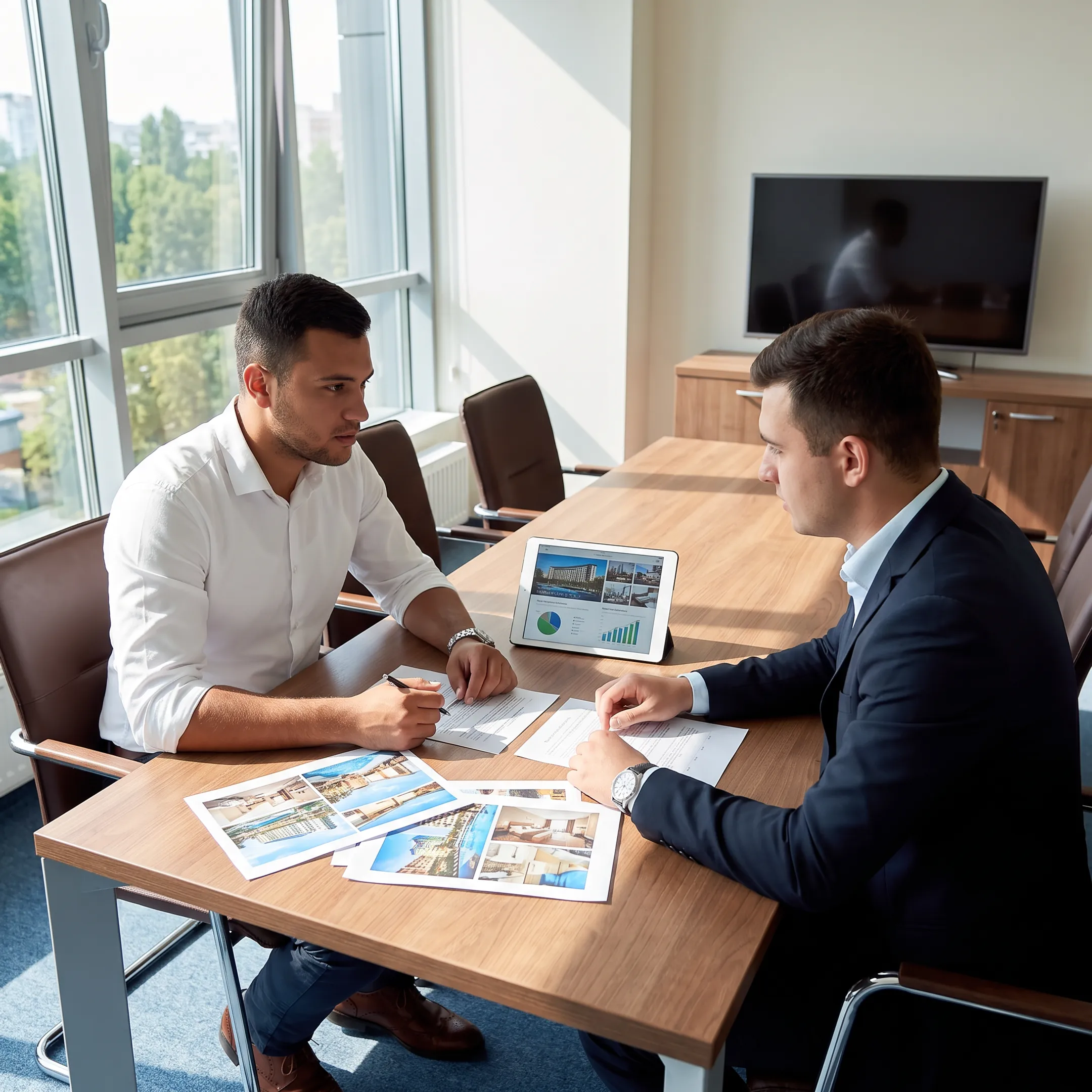 Business broker reviewing hotel acquisition documents with an investor at a conference table