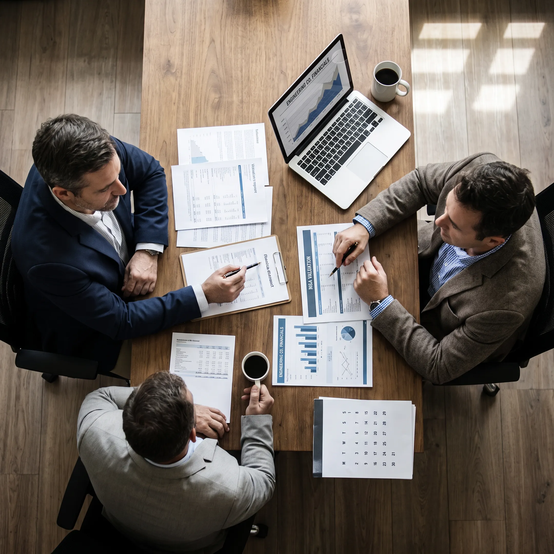 Business advisor reviewing engineering company financial documents with an owner